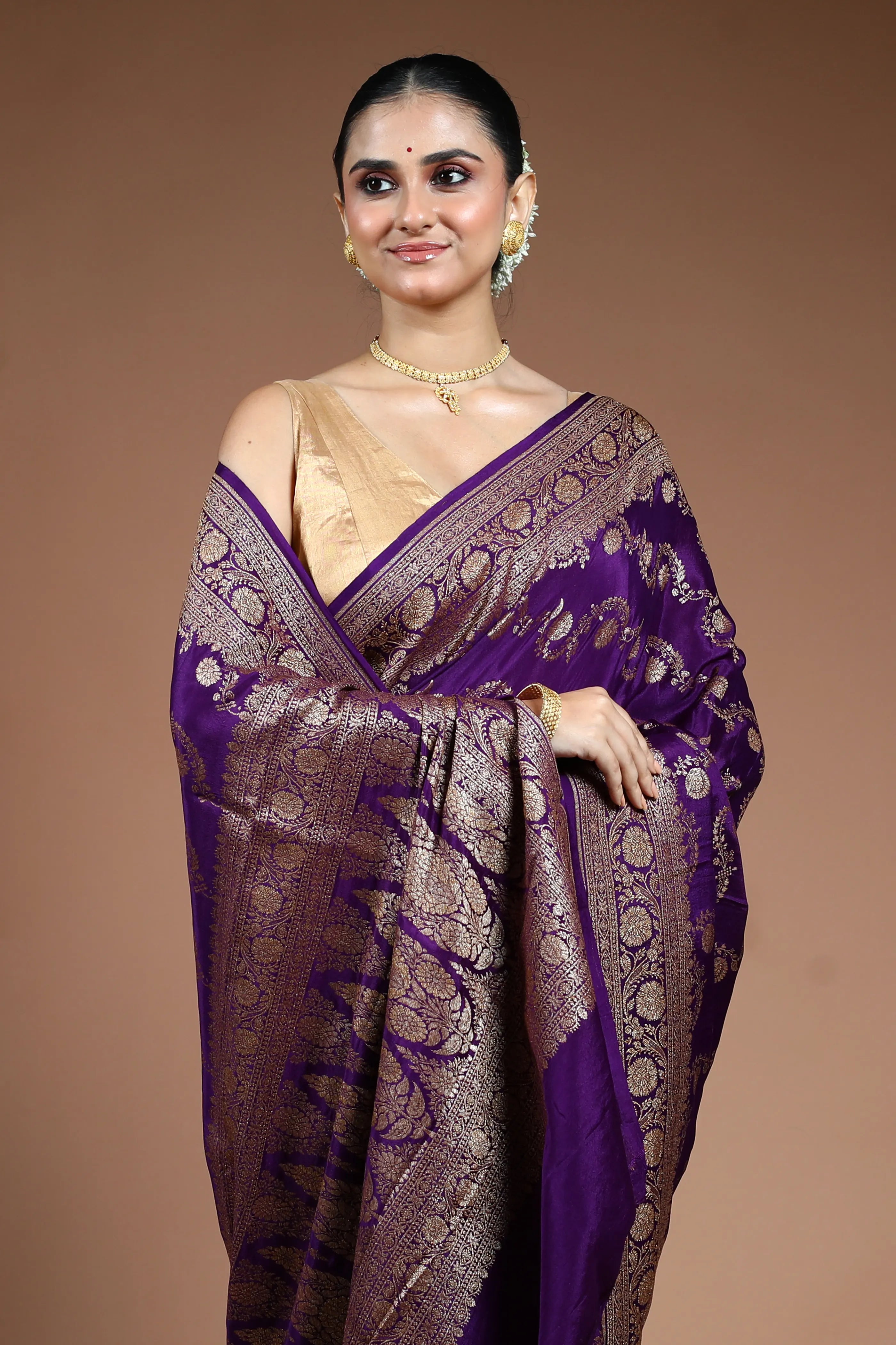 Purple Crepe  Banarasi Saree with Blouse Piece