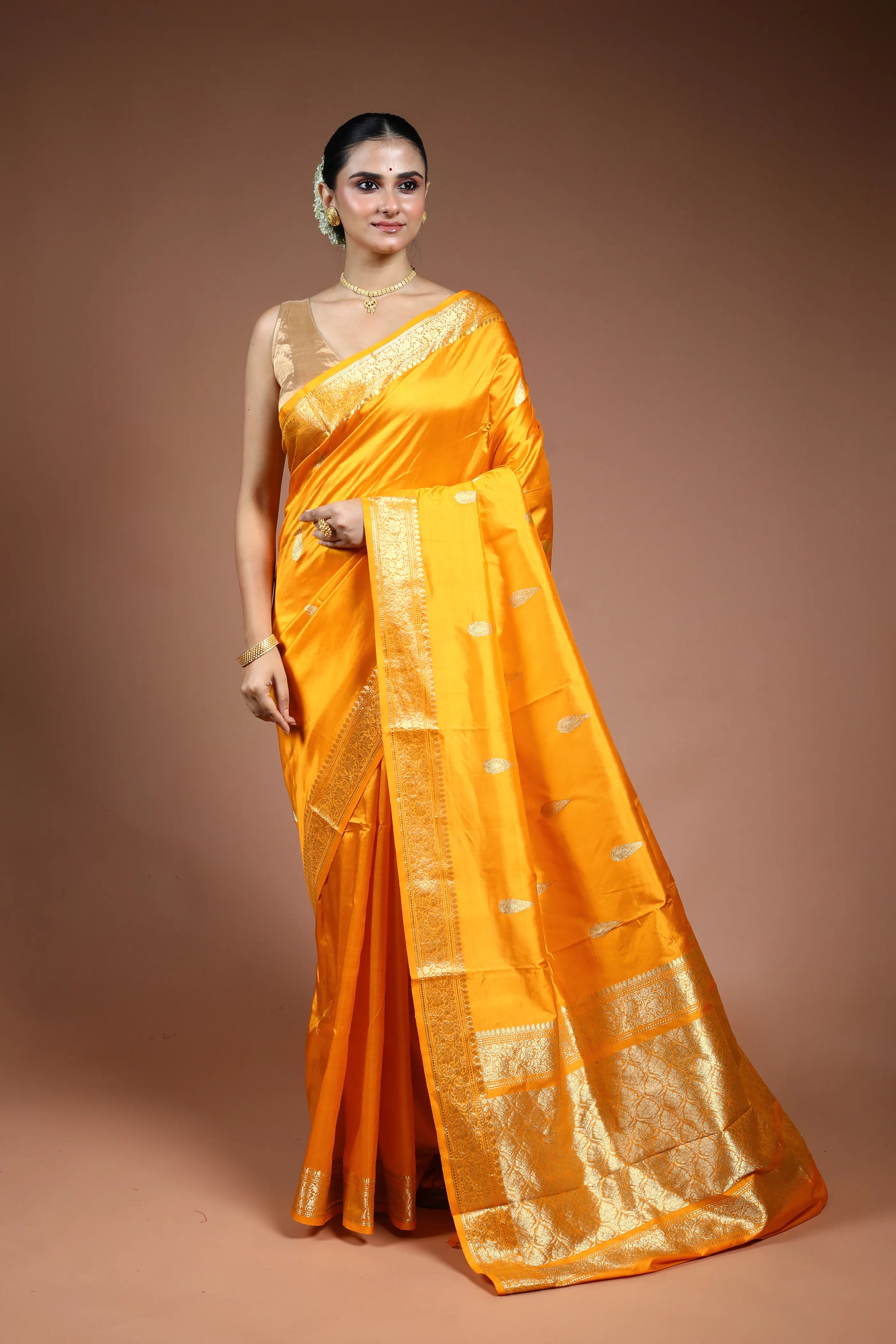 Mango Yellow Katan Banarasi Saree with Blouse Piece