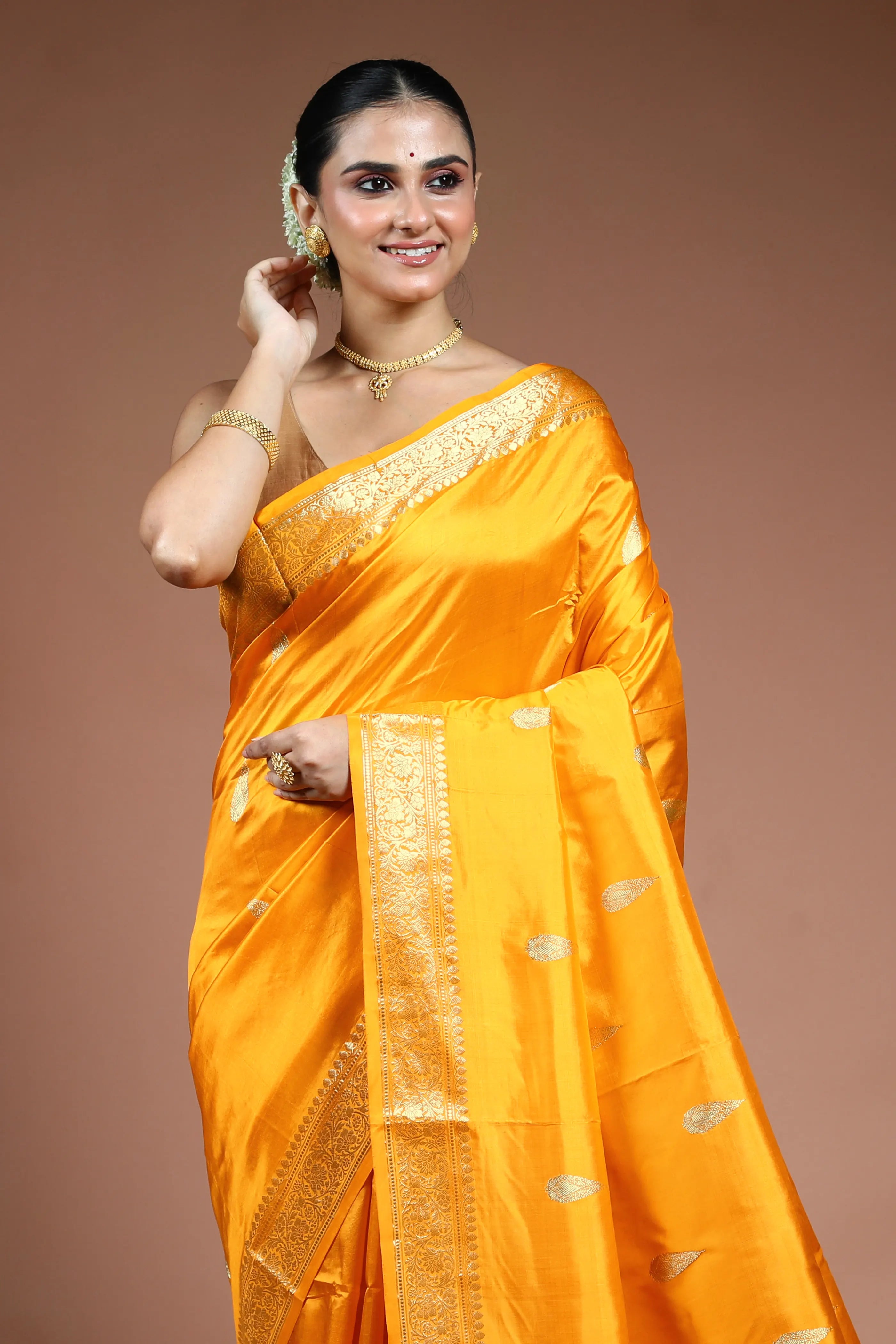 Mango Yellow Katan Banarasi Saree with Blouse Piece
