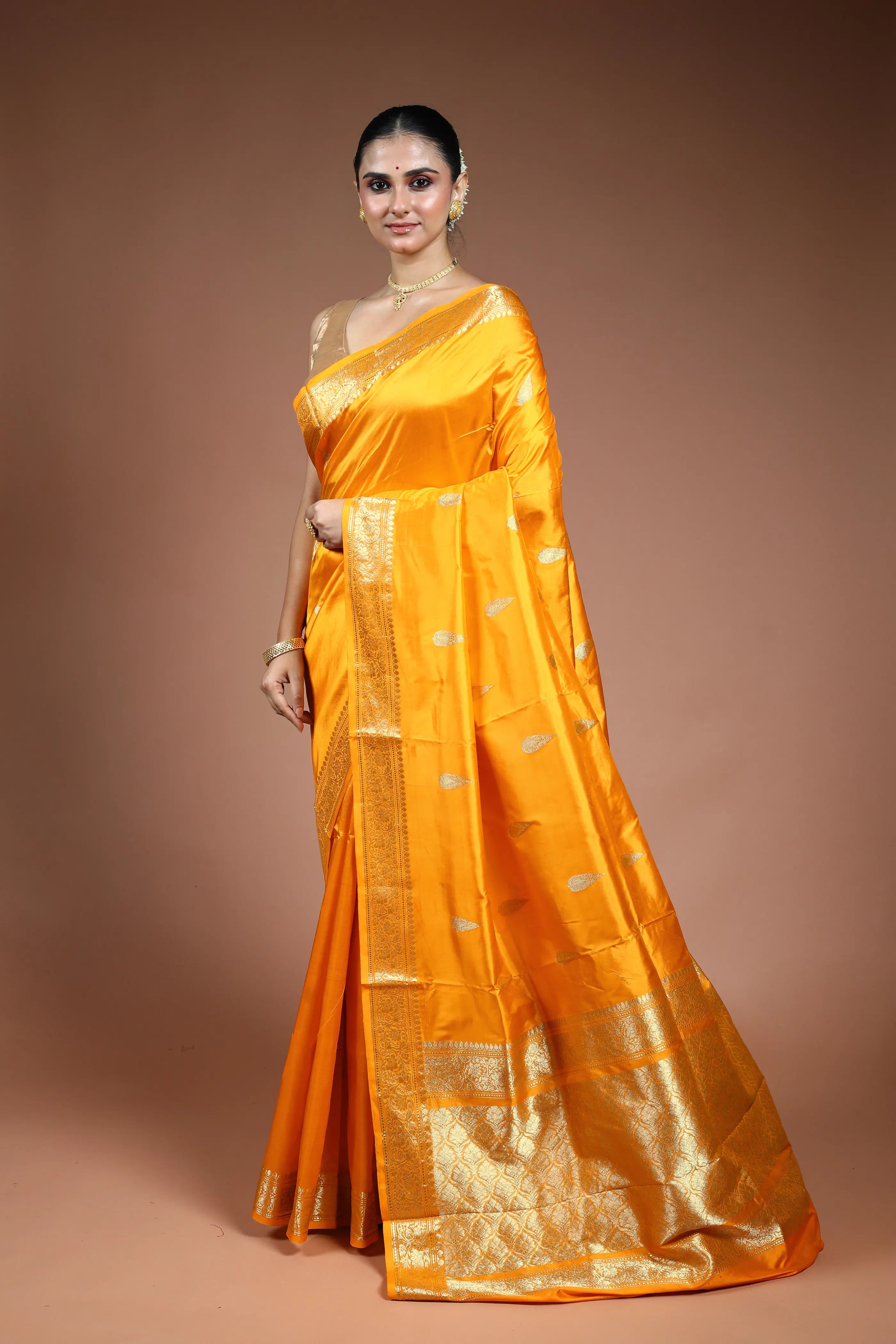 Mango Yellow Katan Banarasi Saree with Blouse Piece