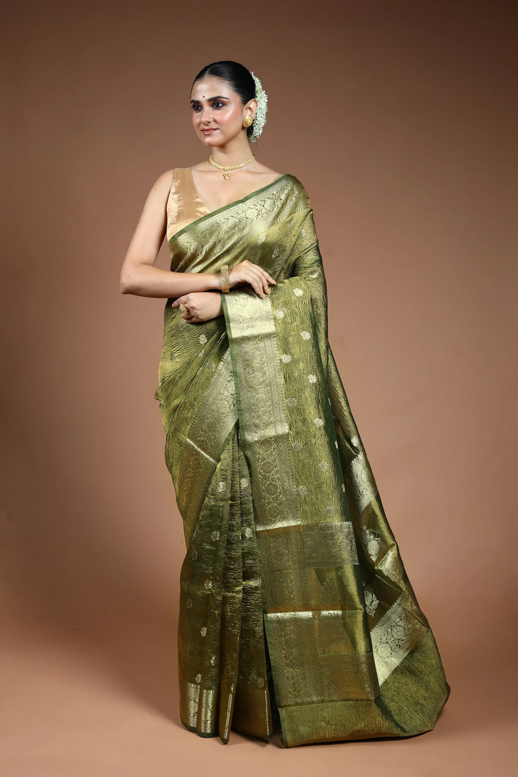 Green  Crushed Tissue Saree with Blouse Piece