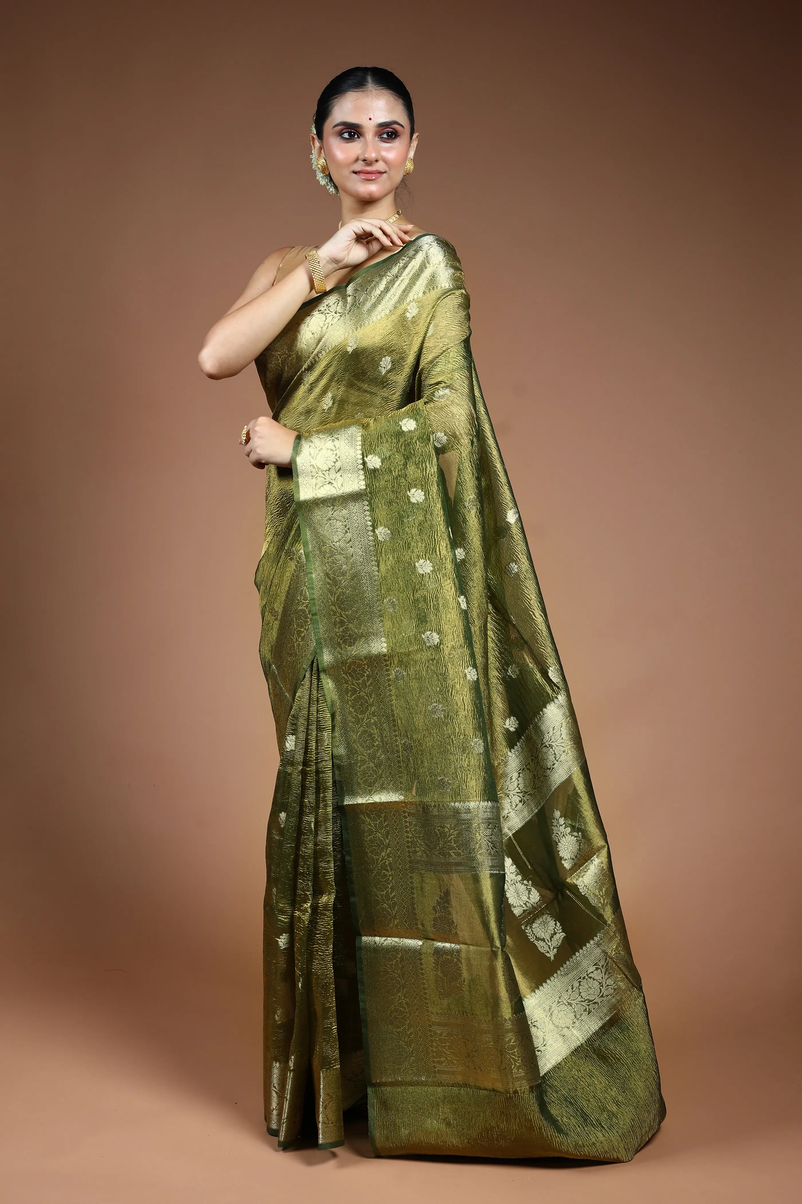 Green  Crushed Tissue Saree with Blouse Piece
