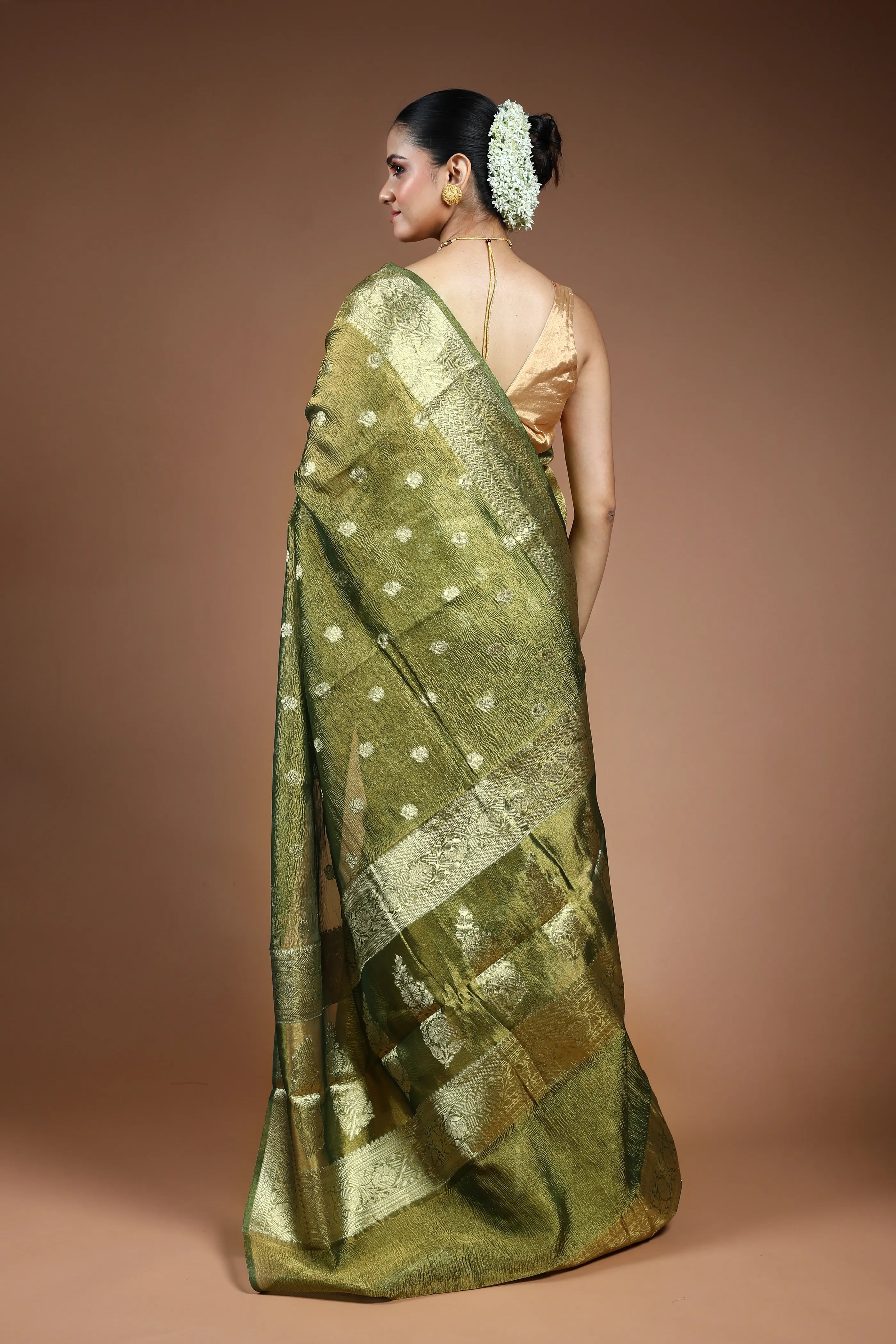 Green  Crushed Tissue Saree with Blouse Piece