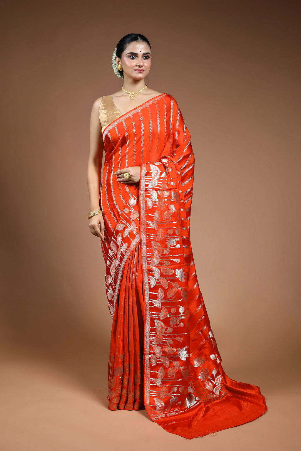 Rust Orange Blended Mashru Saree with Blouse Piece