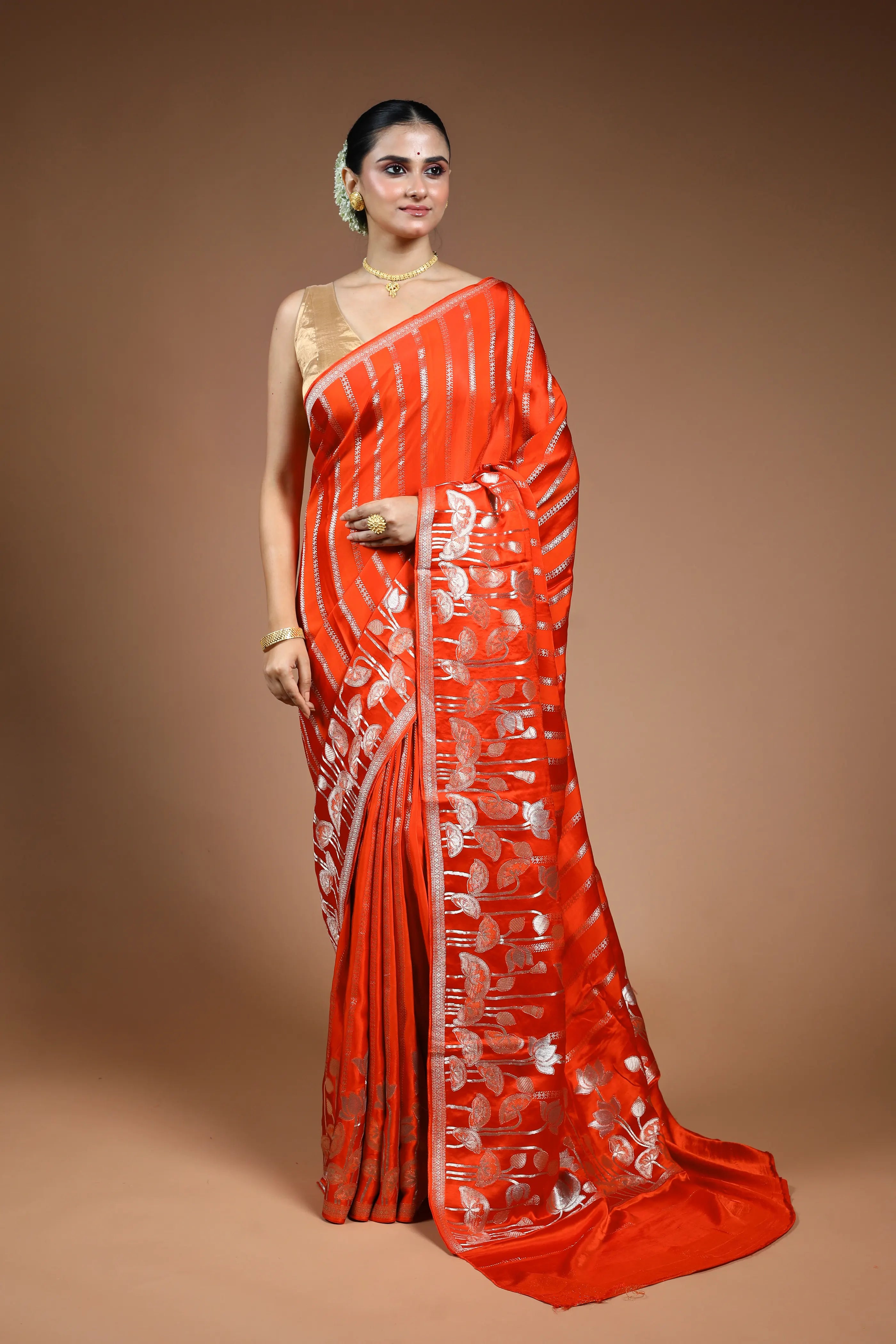 Rust Orange Blended Mashru Saree with Blouse Piece