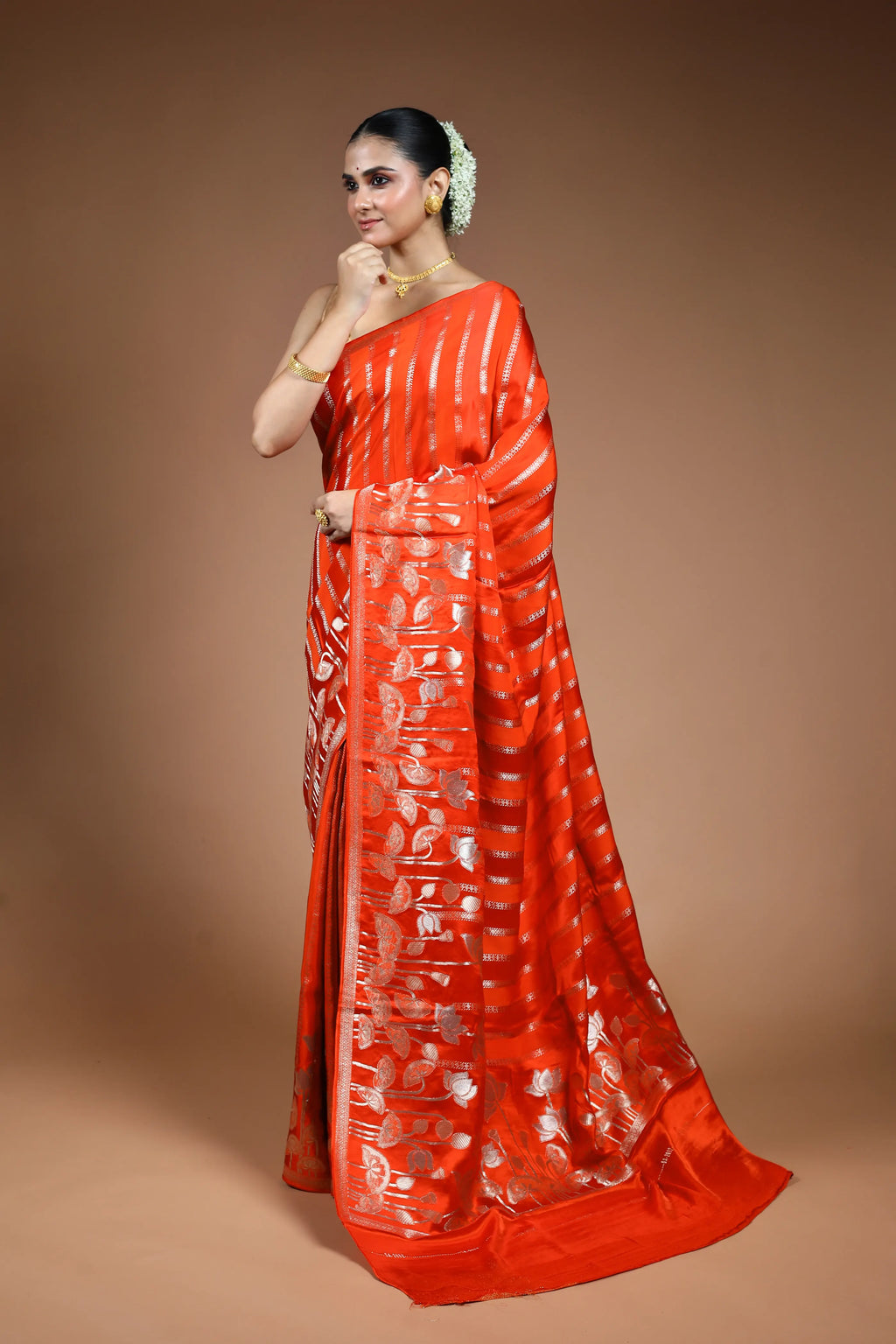 Rust Orange Blended Mashru Saree with Blouse Piece