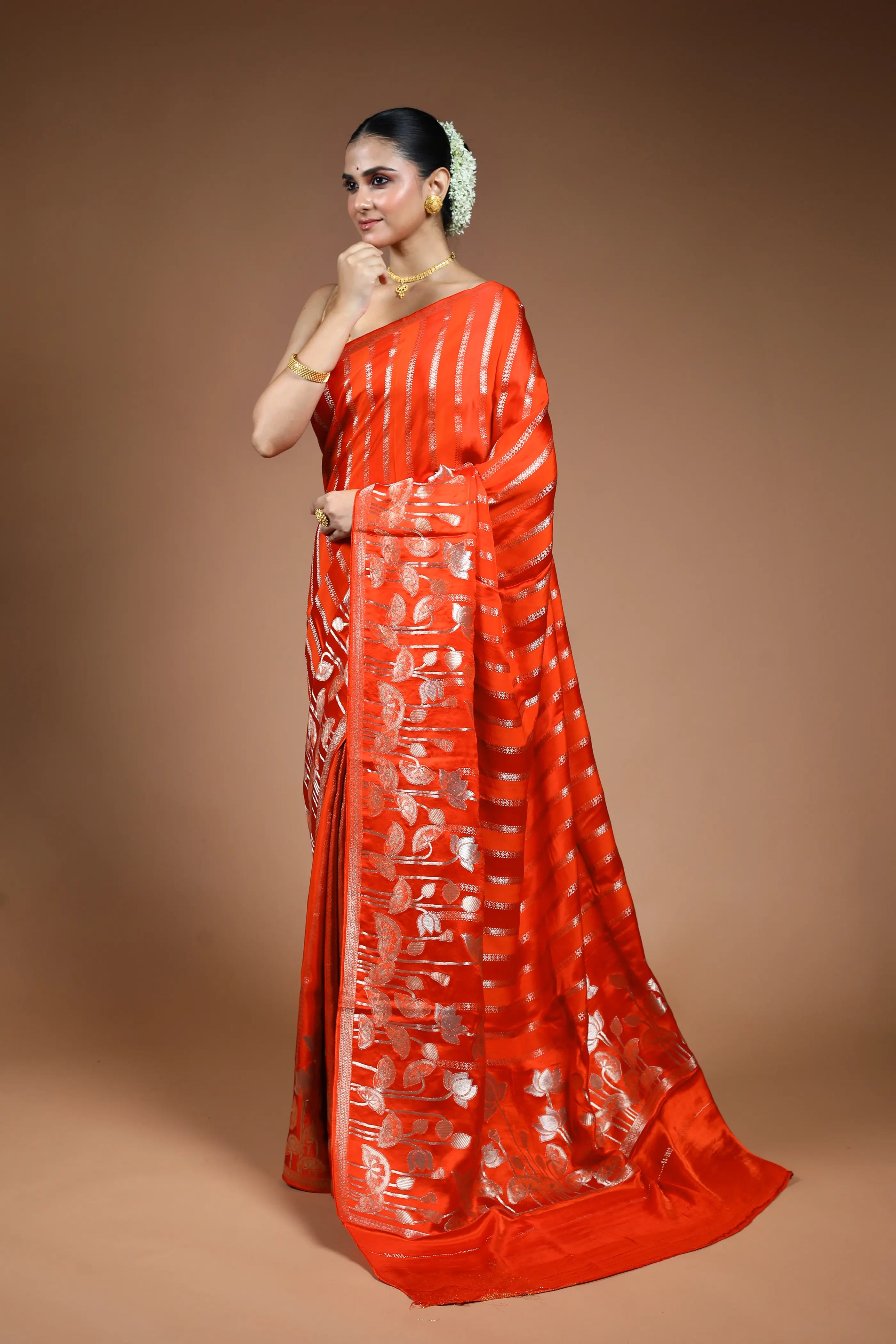 Rust Orange Blended Mashru Saree with Blouse Piece