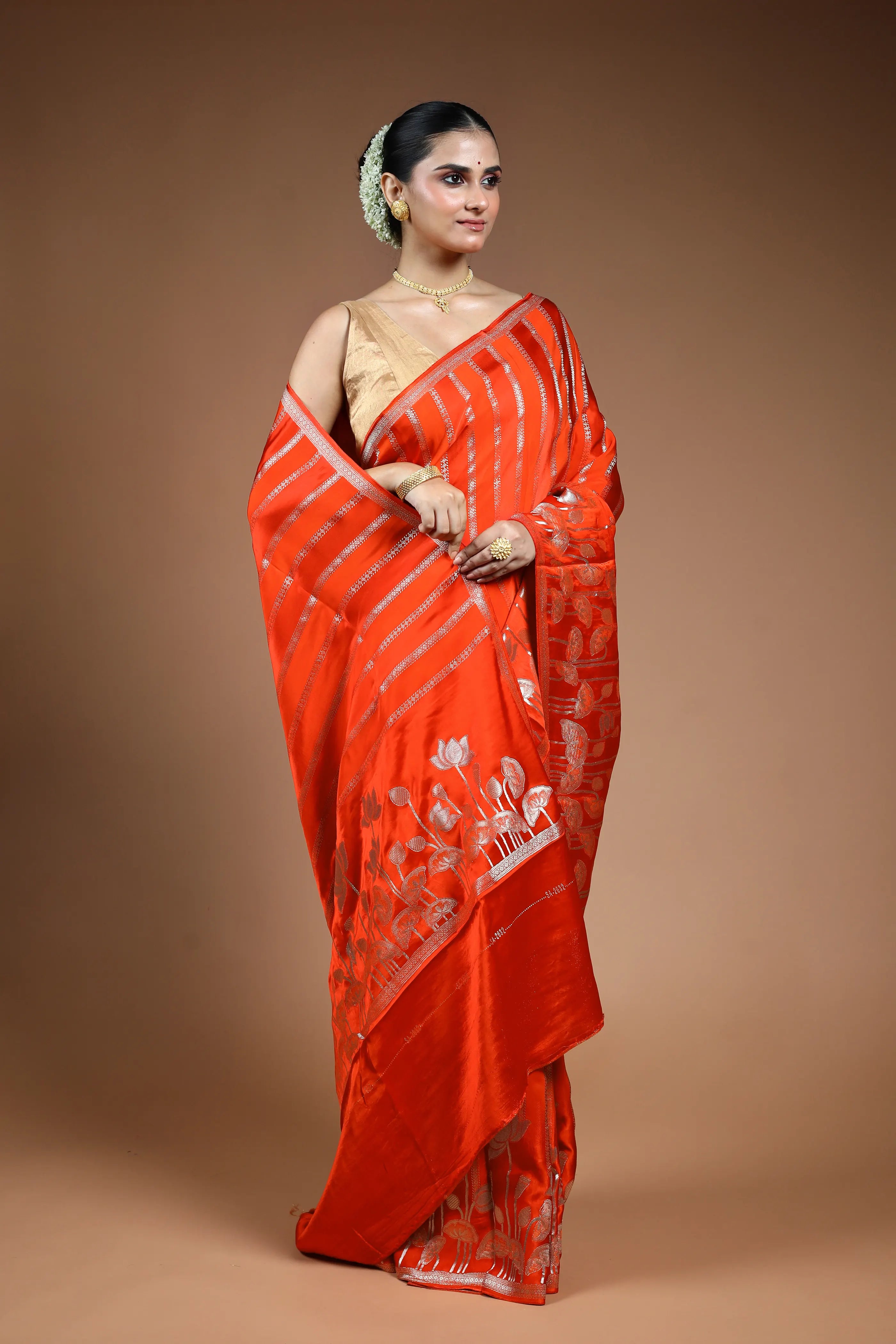 Rust Orange Blended Mashru Saree with Blouse Piece