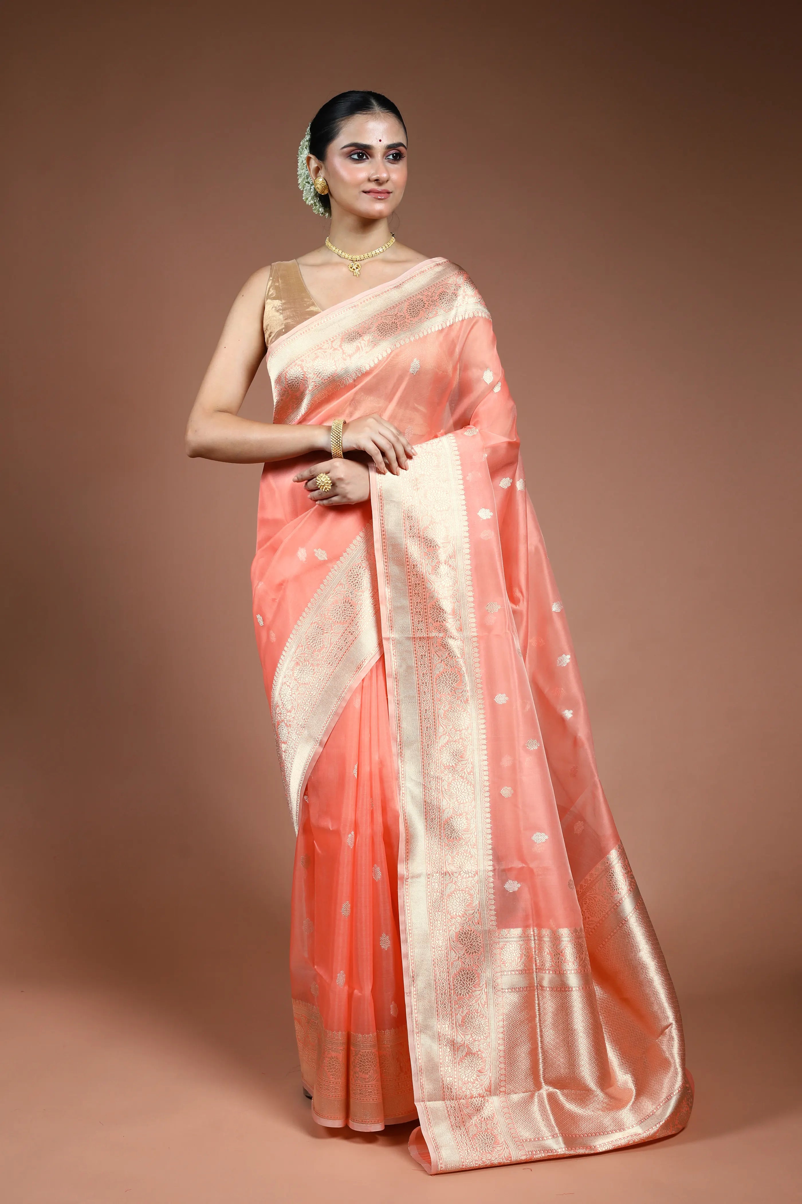 Peach Kora Banarasi Saree with Blouse Piece