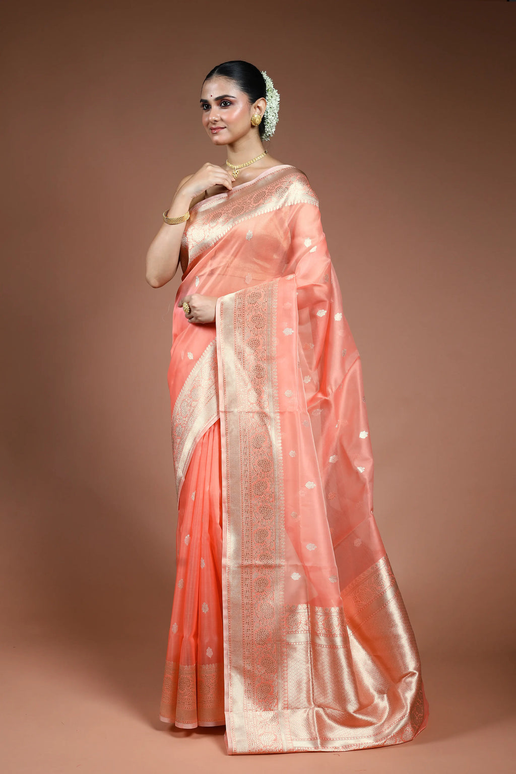 Peach Kora Banarasi Saree with Blouse Piece