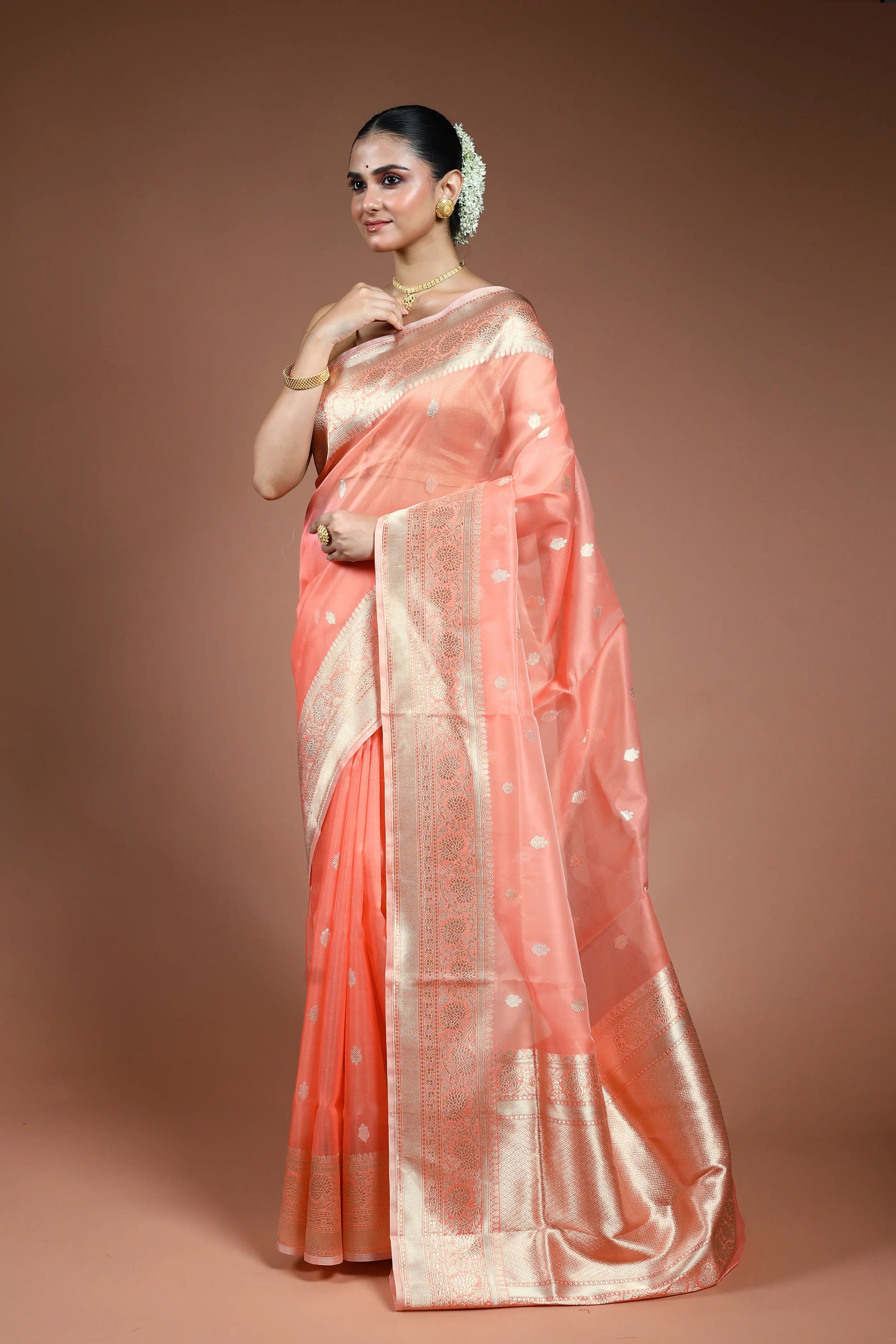 Peach Kora Banarasi Saree with Blouse Piece