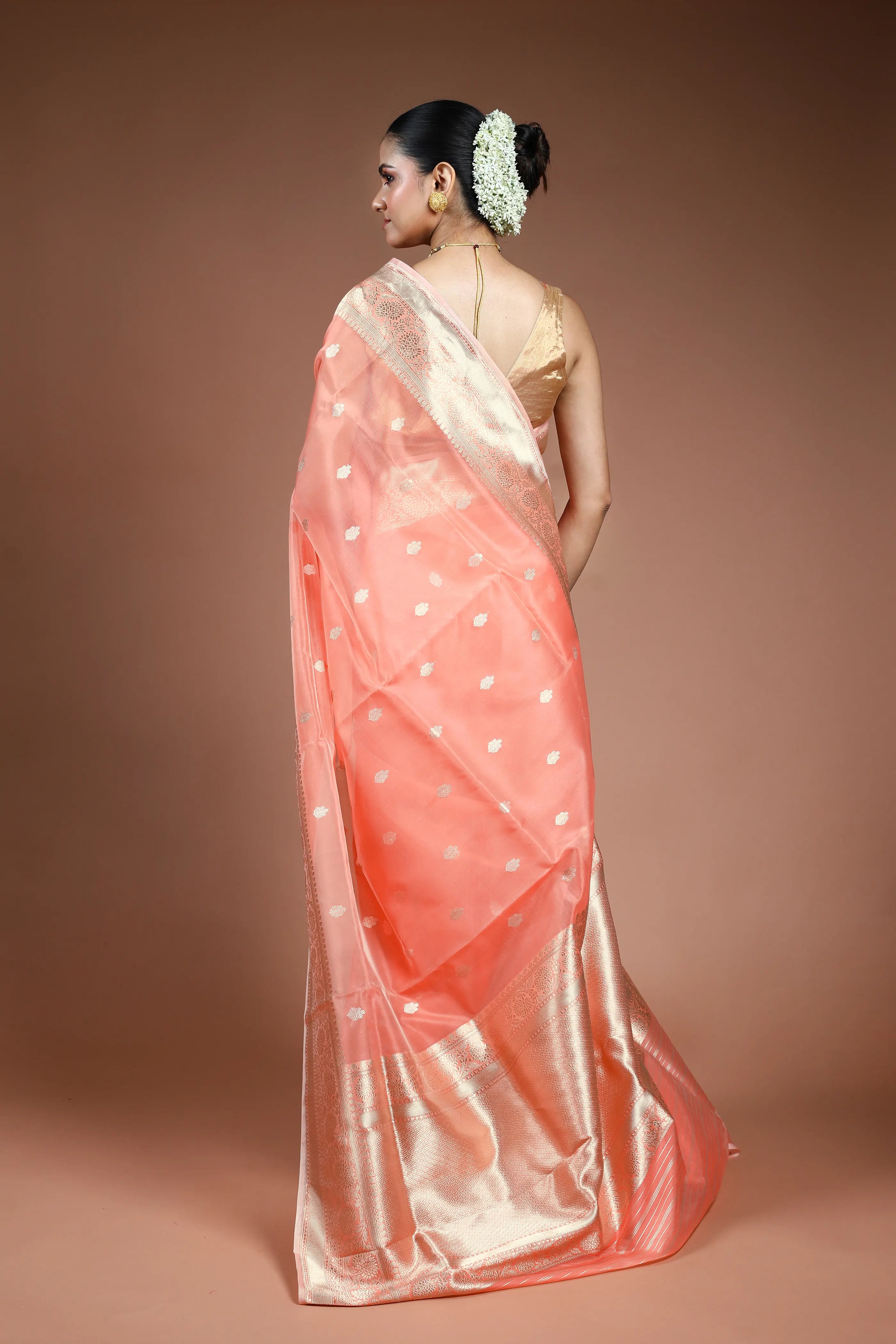 Peach Kora Banarasi Saree with Blouse Piece