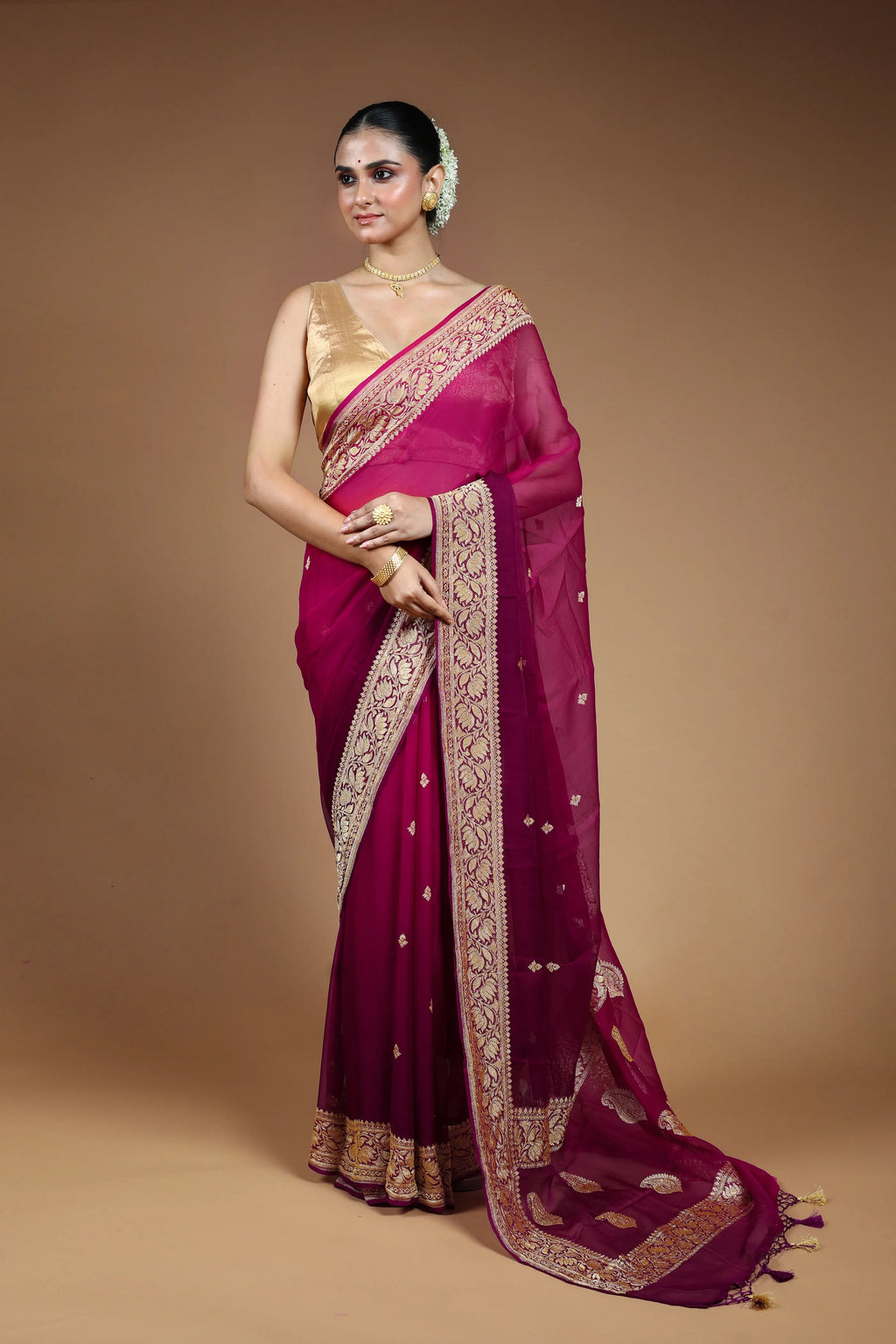 Purple and Rani Chiffon Banarasi Saree with Blouse Piece