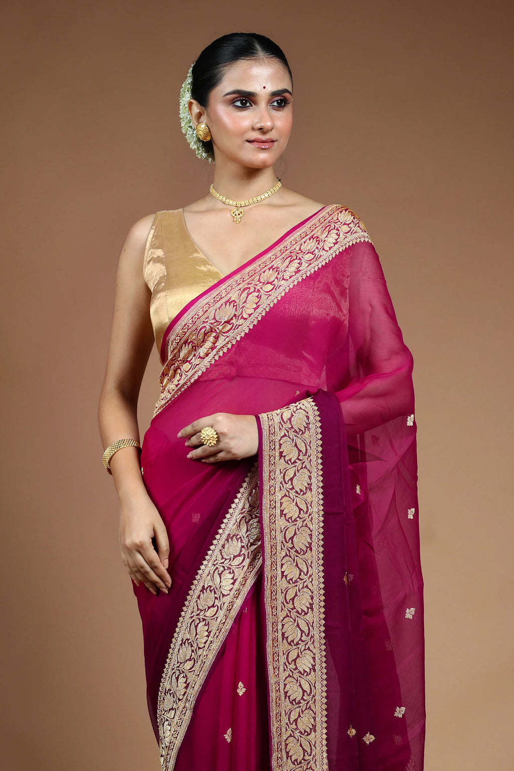 Purple and Rani Chiffon Banarasi Saree with Blouse Piece