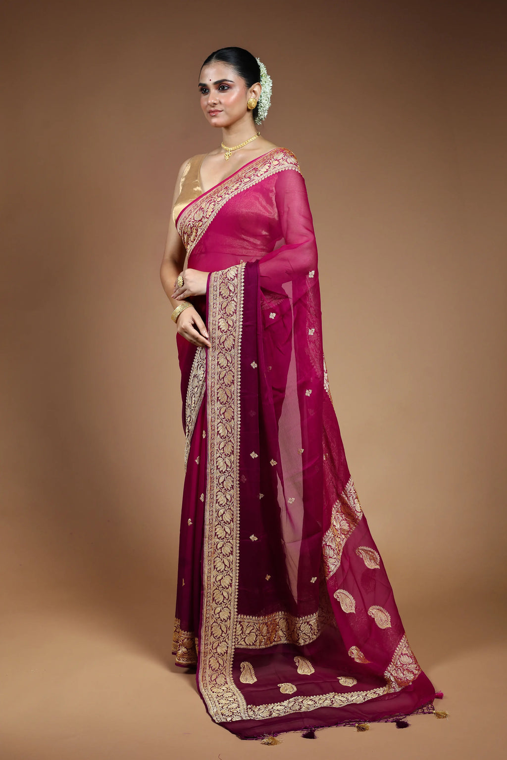 Purple and Rani Chiffon Banarasi Saree with Blouse Piece