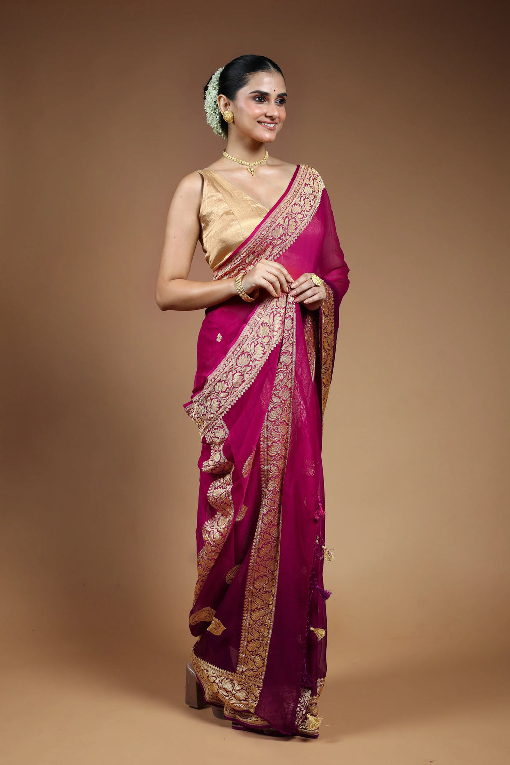Purple and Rani Chiffon Banarasi Saree with Blouse Piece