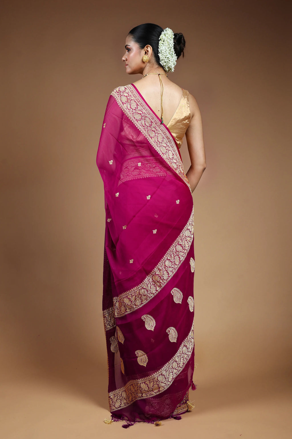 Purple and Rani Chiffon Banarasi Saree with Blouse Piece