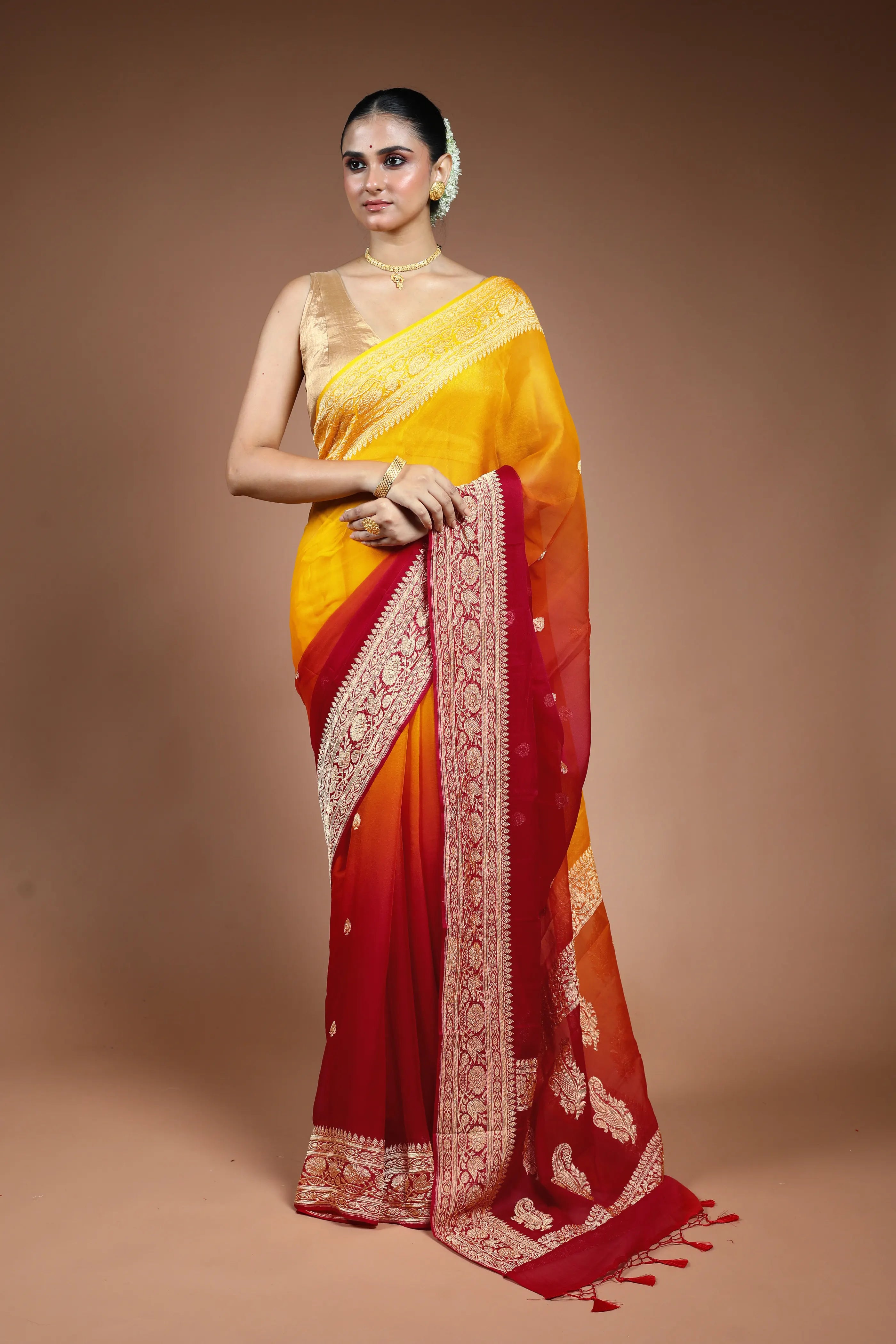 Red and Yellow Chiffon Banarasi Saree with Blouse Piece
