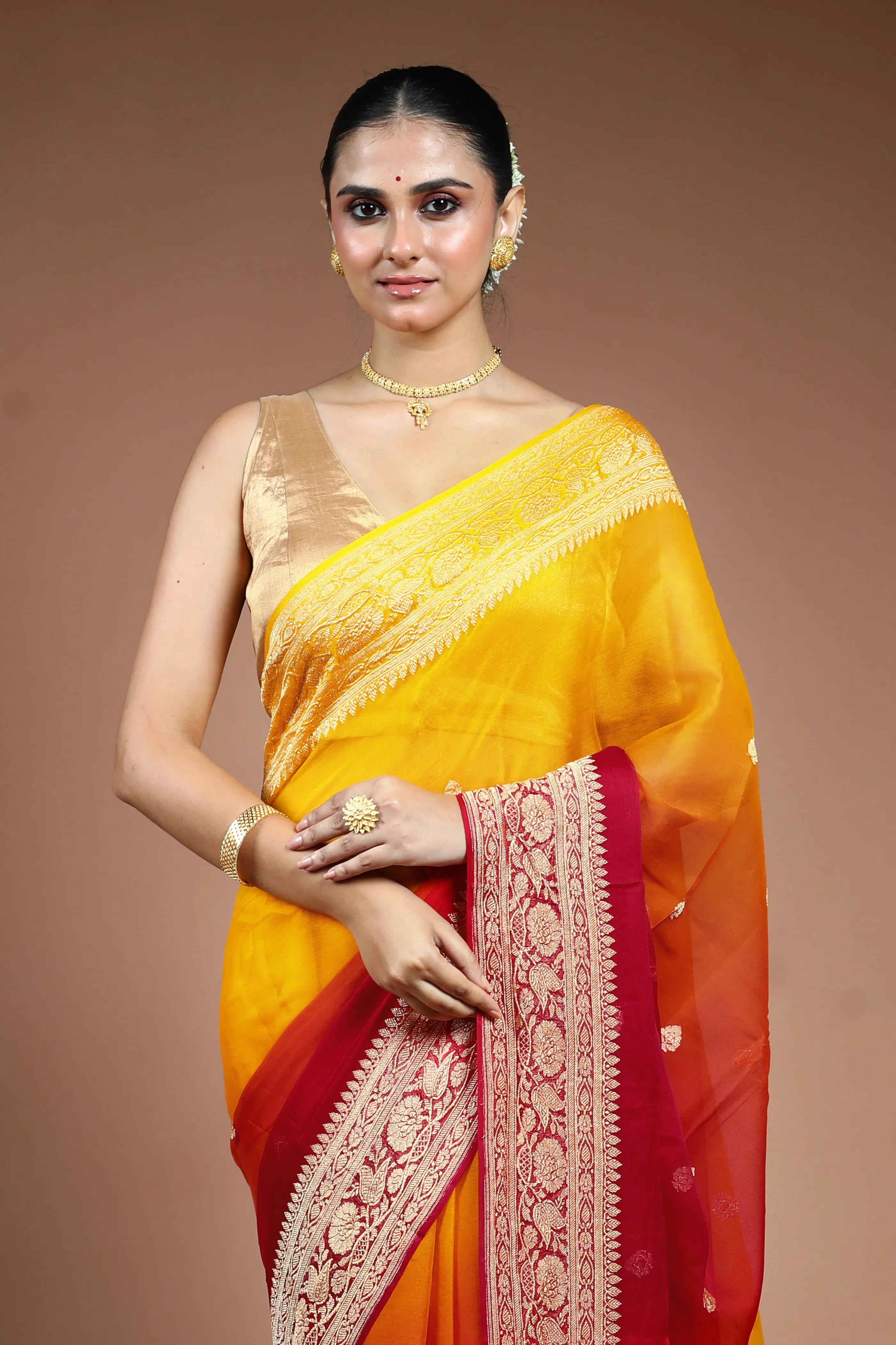 Red and Yellow Chiffon Banarasi Saree with Blouse Piece
