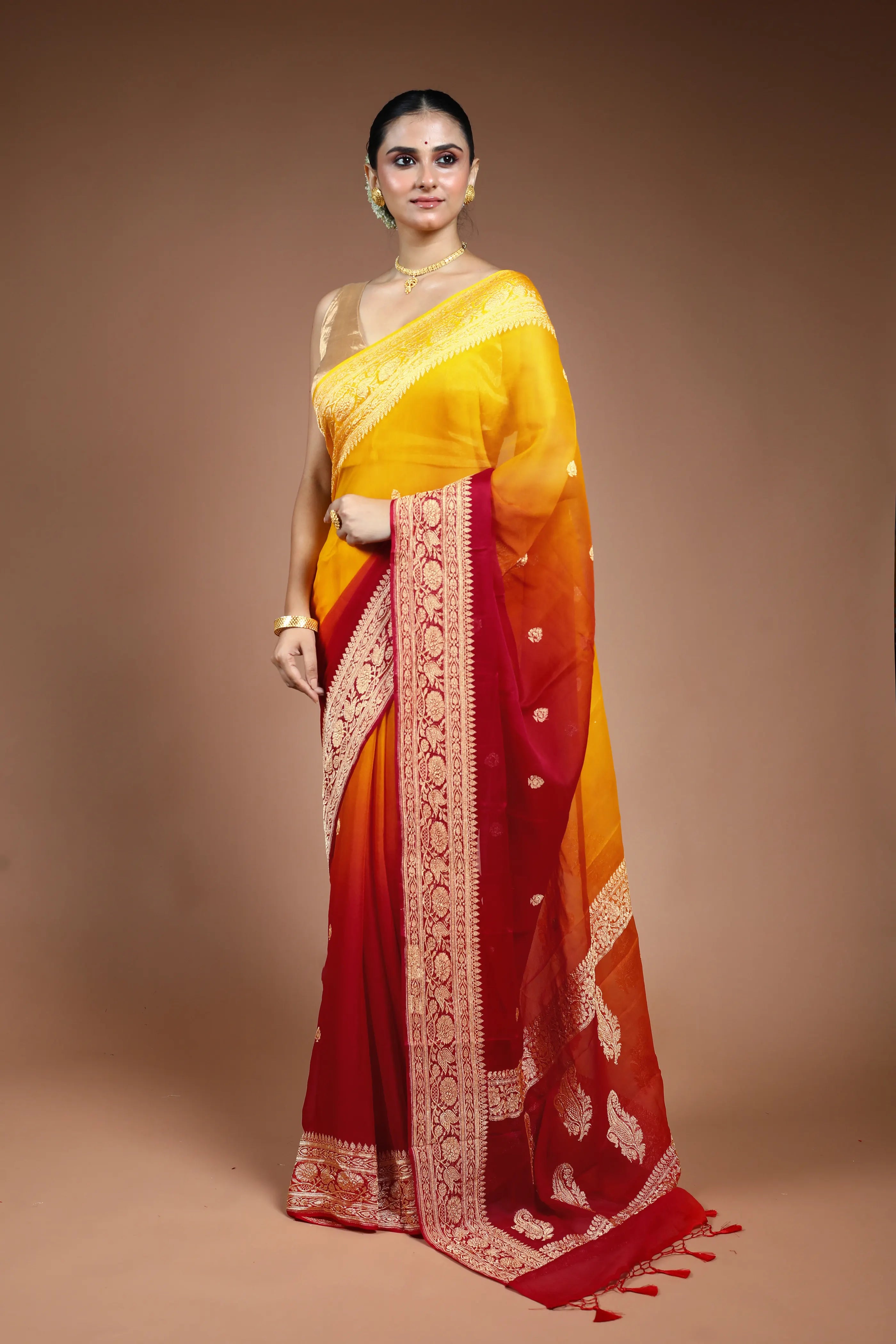Red and Yellow Chiffon Banarasi Saree with Blouse Piece