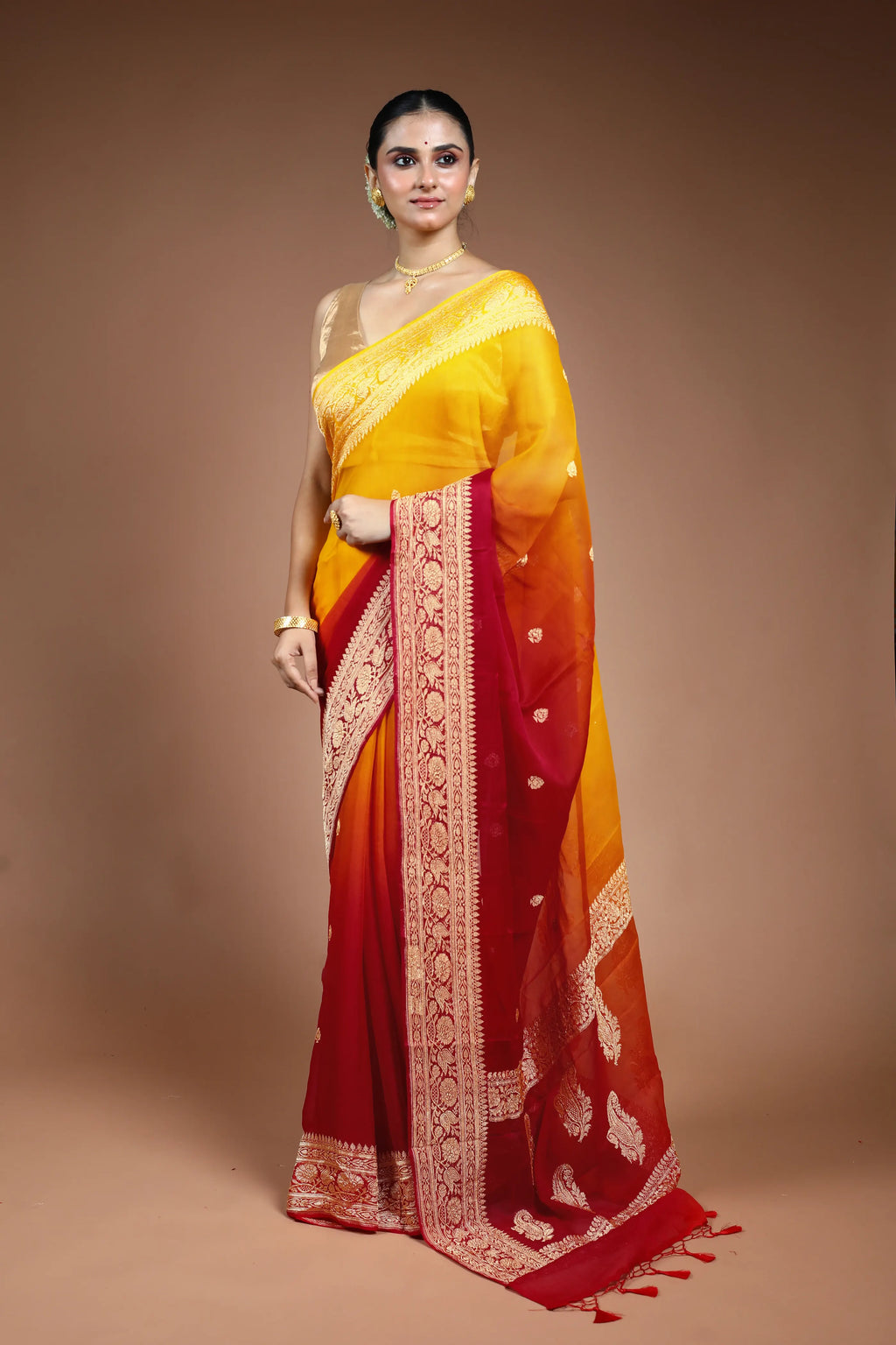 Red and Yellow Chiffon Banarasi Saree with Blouse Piece