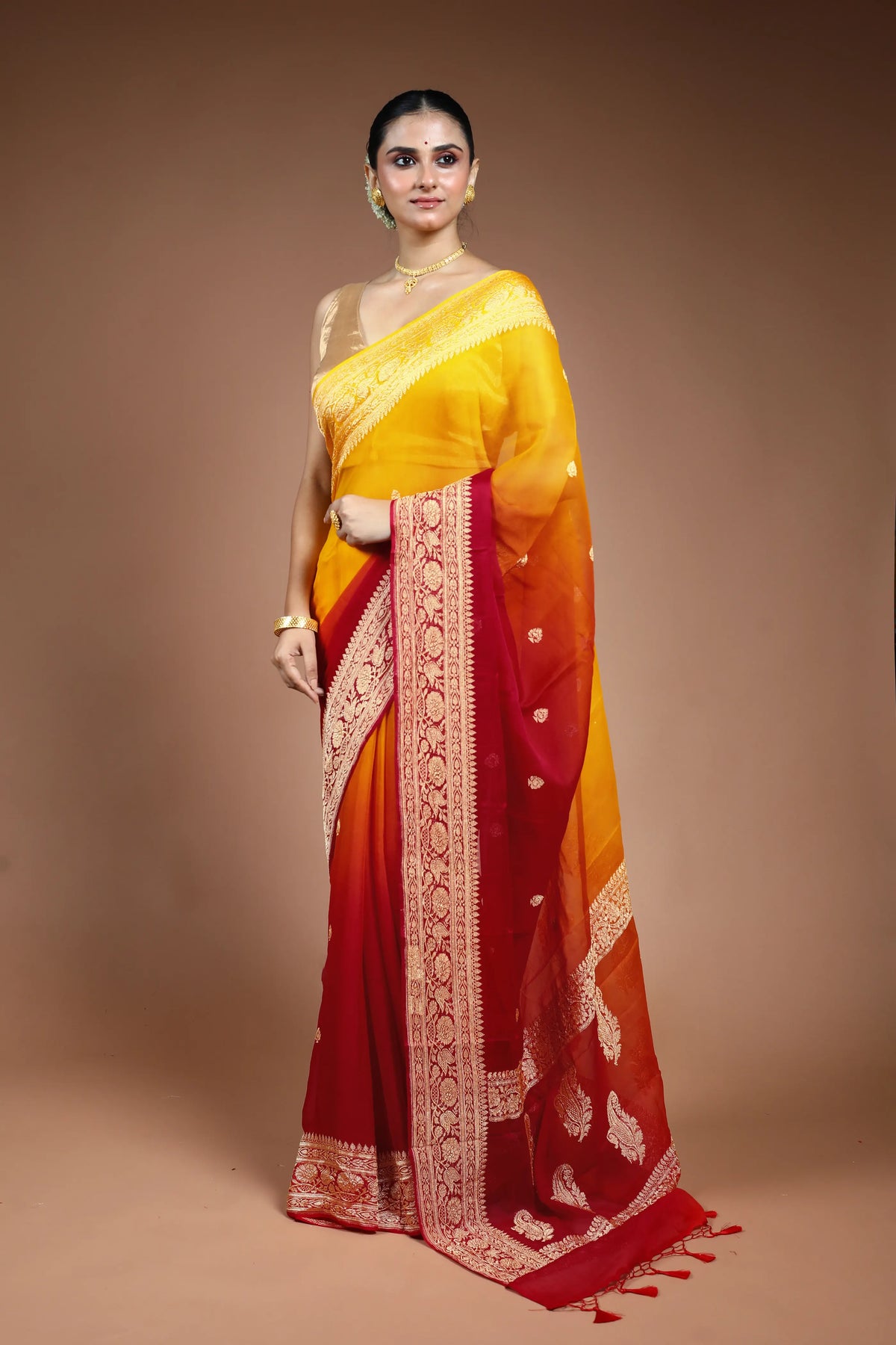 Red and Yellow Chiffon Banarasi Saree with Blouse Piece