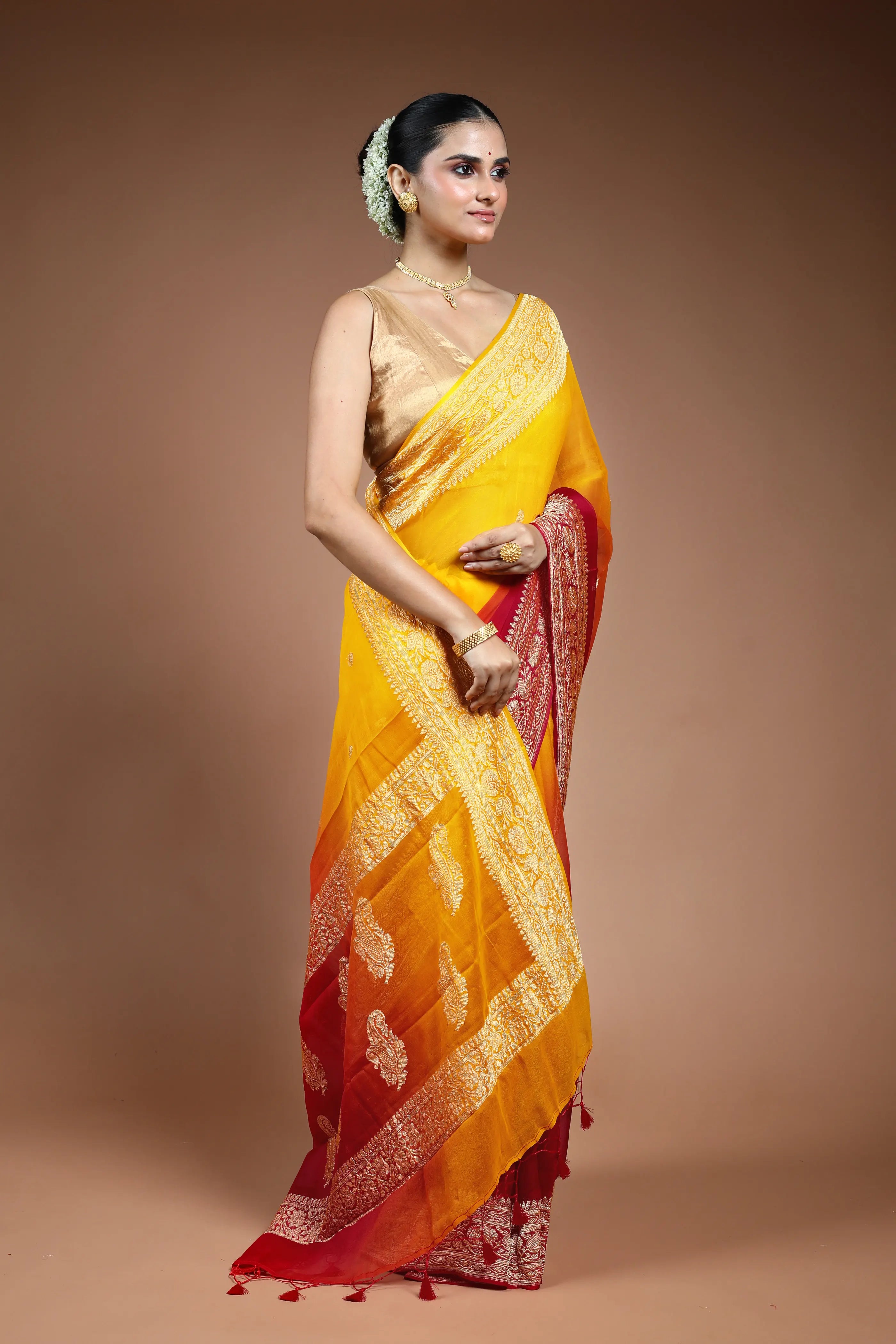 Red and Yellow Chiffon Banarasi Saree with Blouse Piece