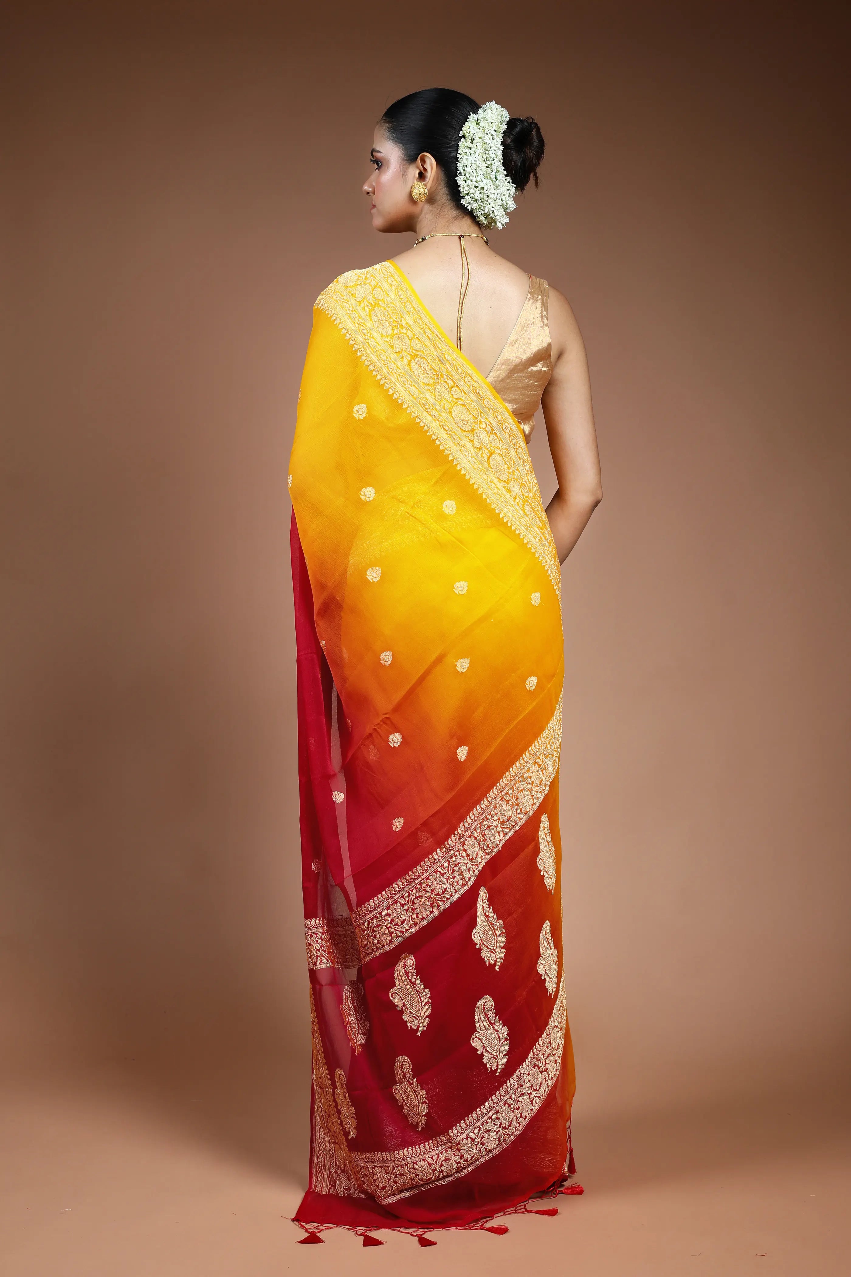 Red and Yellow Chiffon Banarasi Saree with Blouse Piece