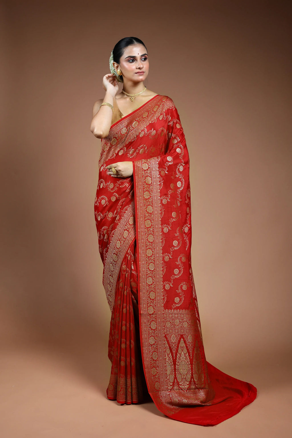 Red Crepe  Banarasi Saree with Blouse Piece