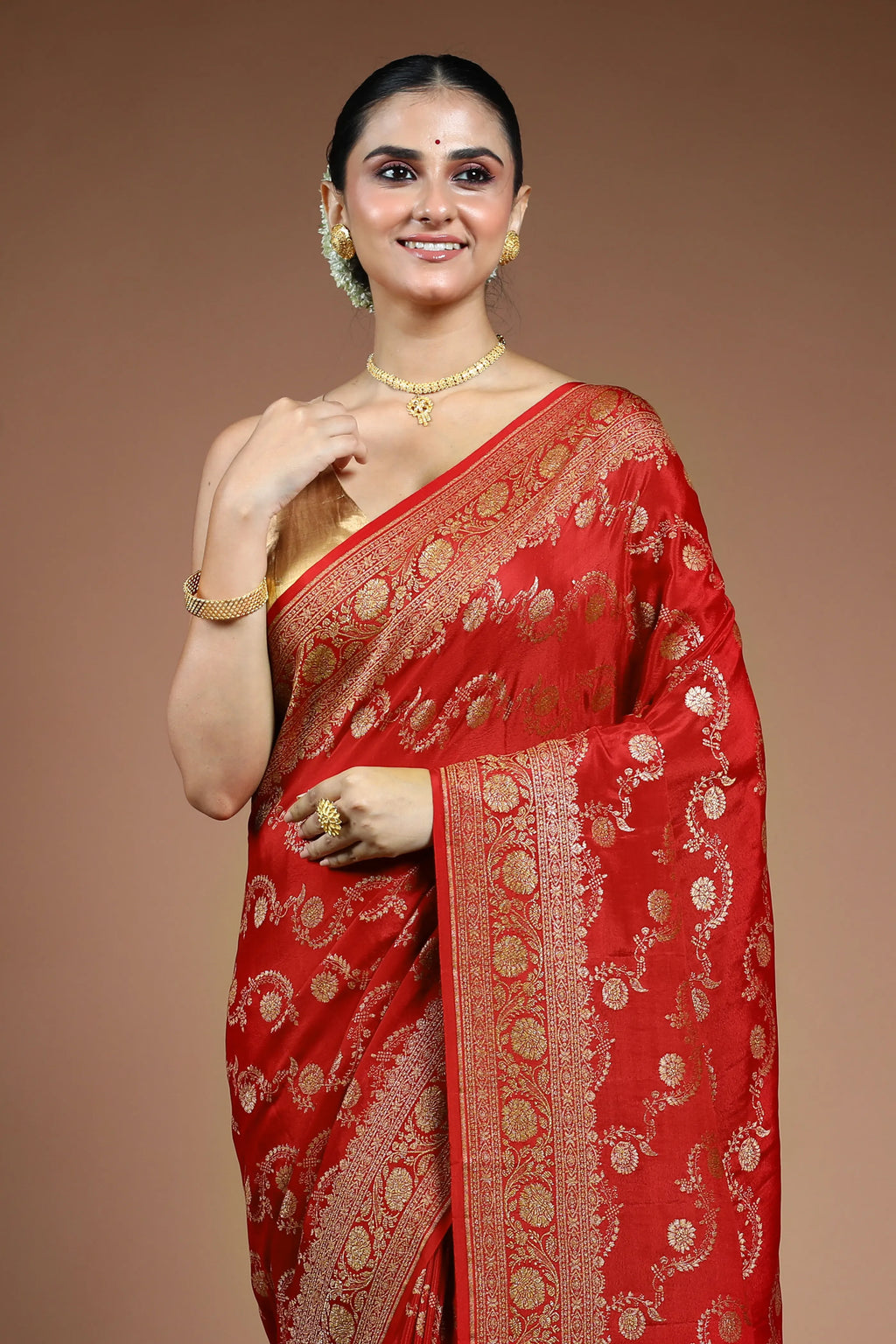 Red Crepe  Banarasi Saree with Blouse Piece