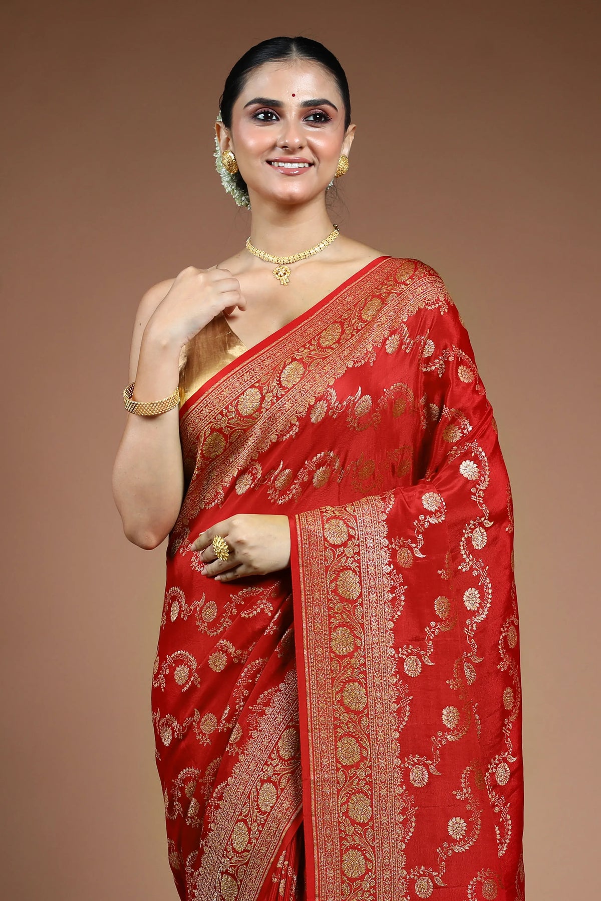 Red Crepe  Banarasi Saree with Blouse Piece