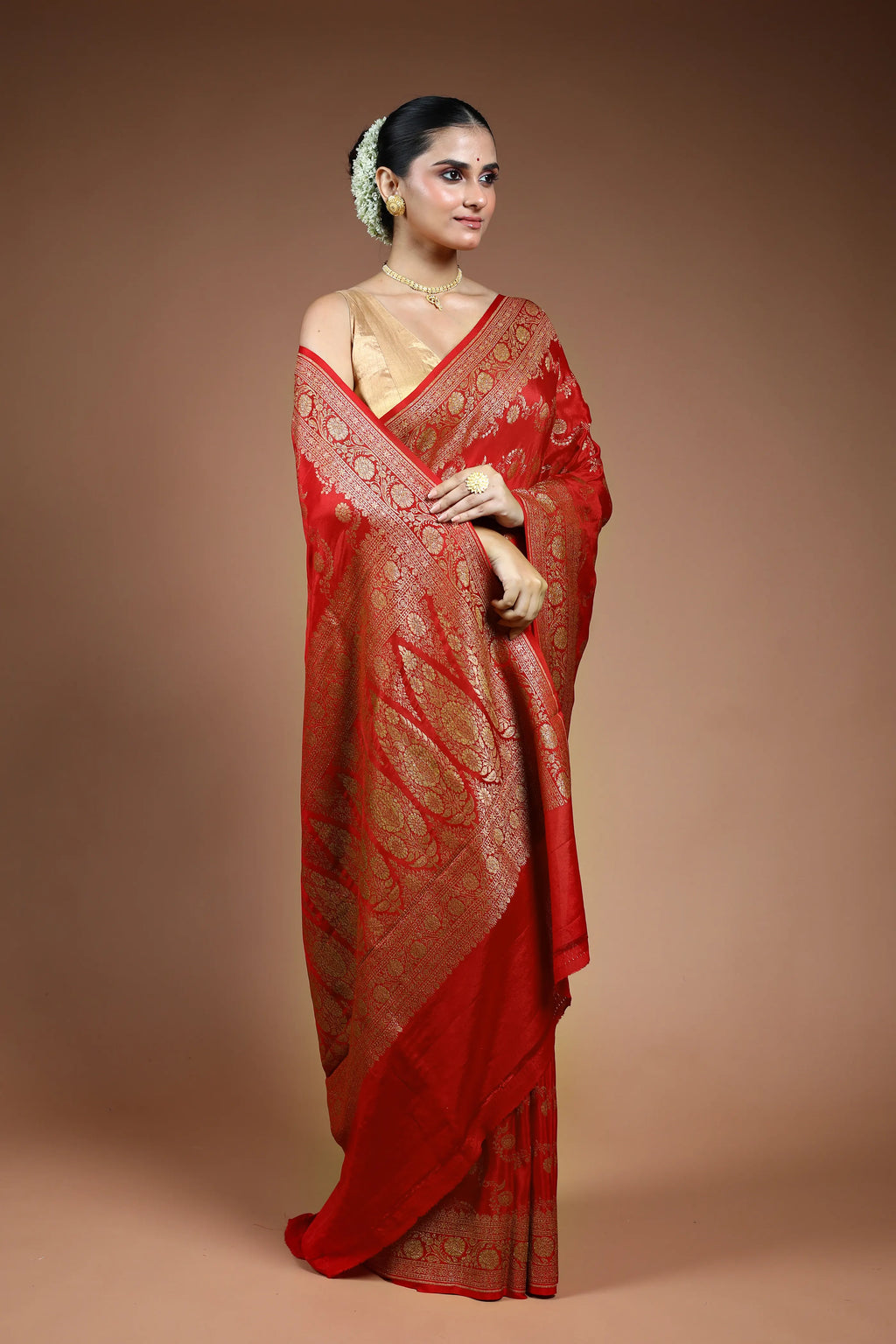 Red Crepe  Banarasi Saree with Blouse Piece