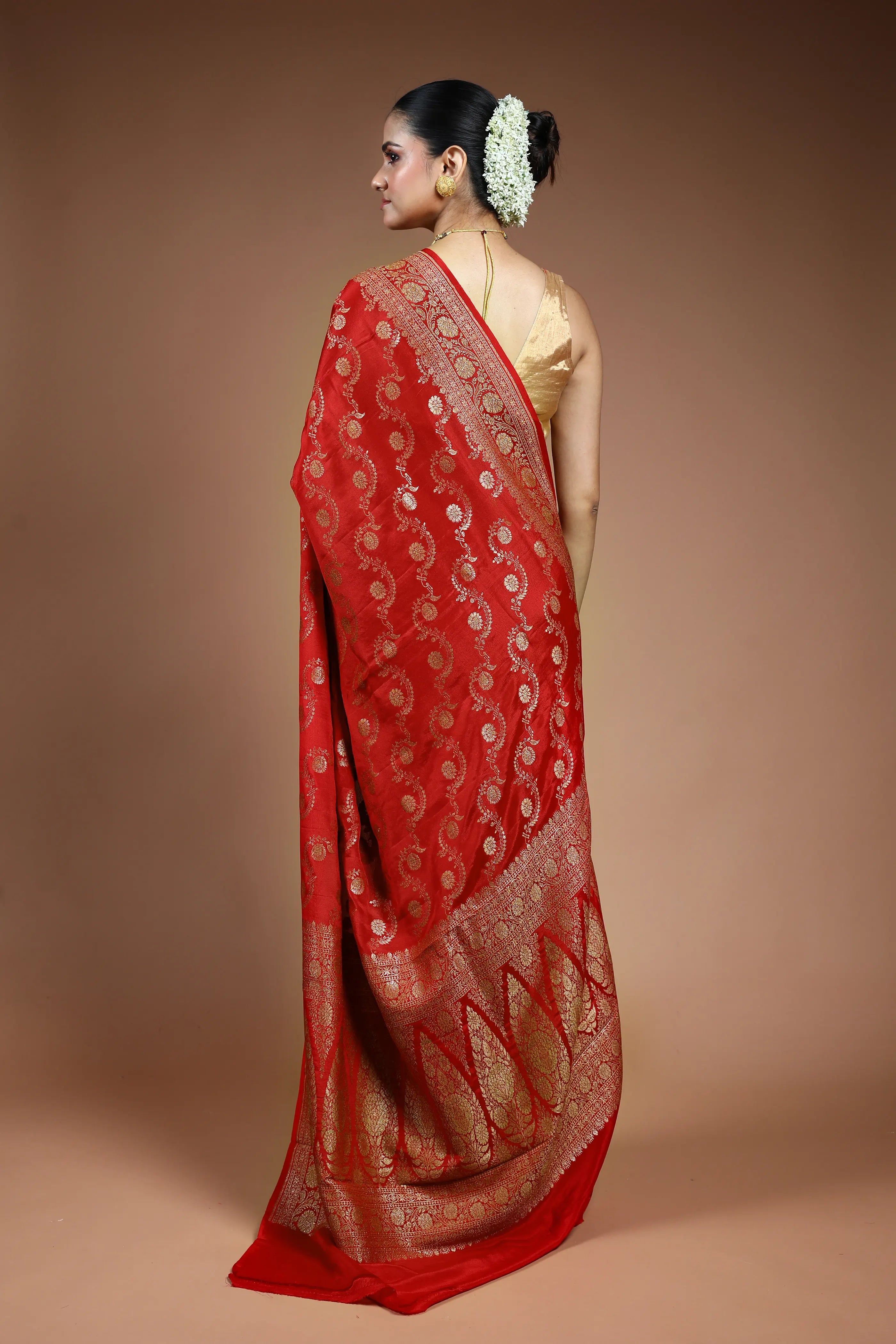 Red Crepe  Banarasi Saree with Blouse Piece