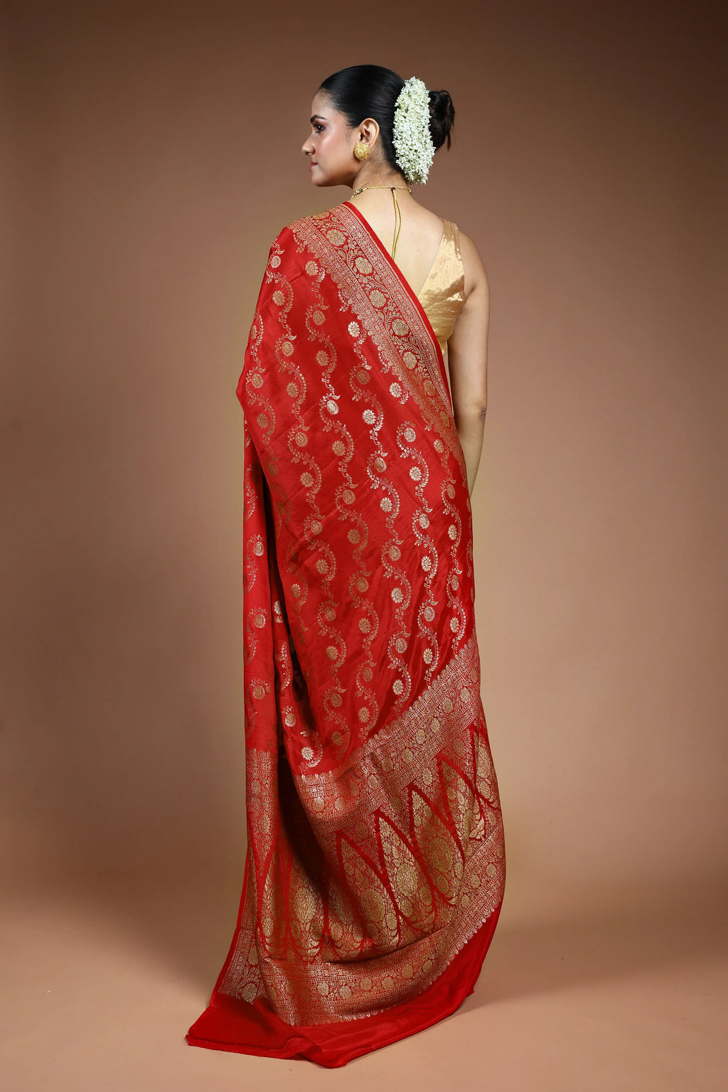 Red Crepe  Banarasi Saree with Blouse Piece