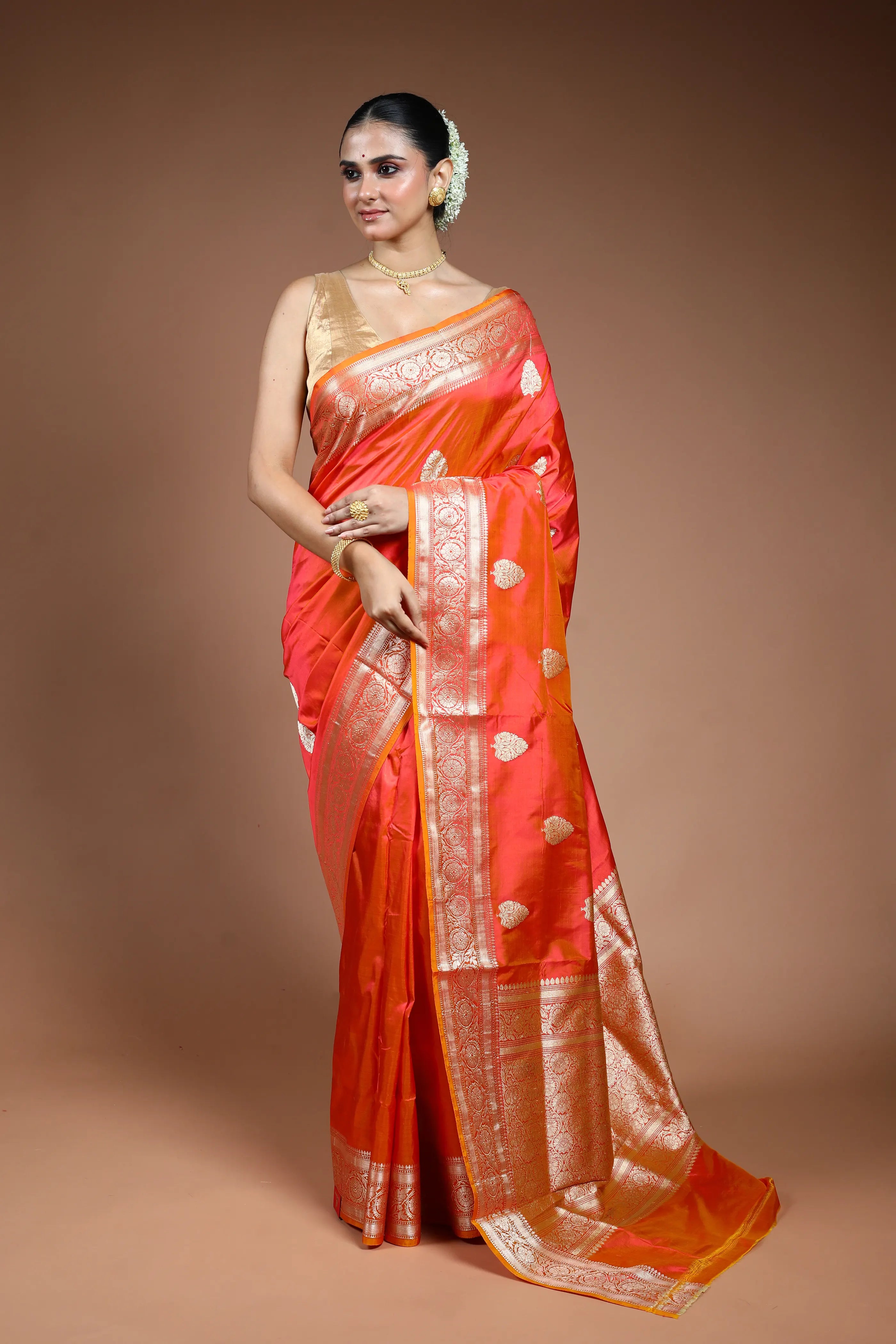 Orange Pink Dual Tone Katan Banarasi Saree with Blouse Piece