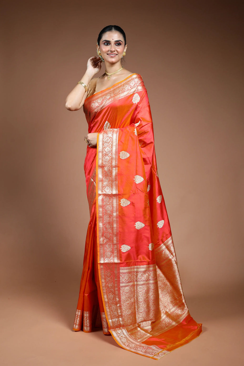 Orange Pink Dual Tone Katan Banarasi Saree with Blouse Piece