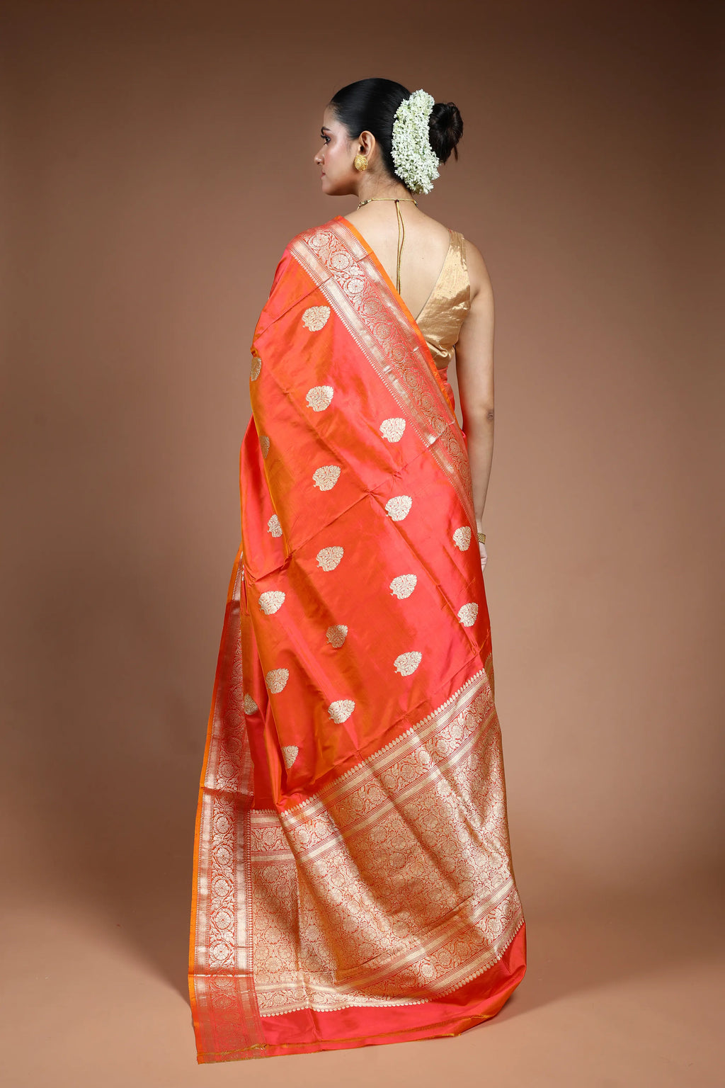 Orange Pink Dual Tone Katan Banarasi Saree with Blouse Piece