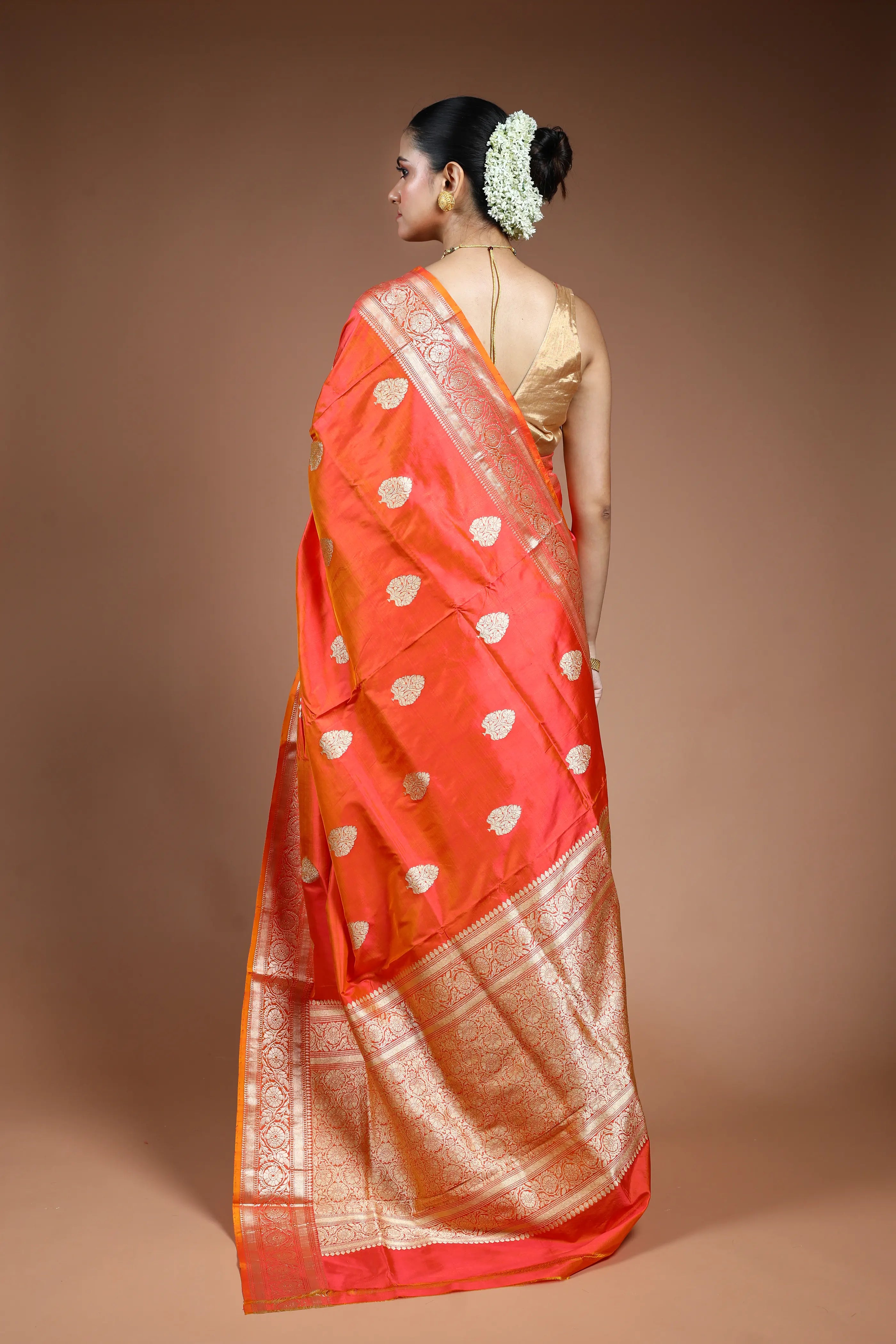 Orange Pink Dual Tone Katan Banarasi Saree with Blouse Piece