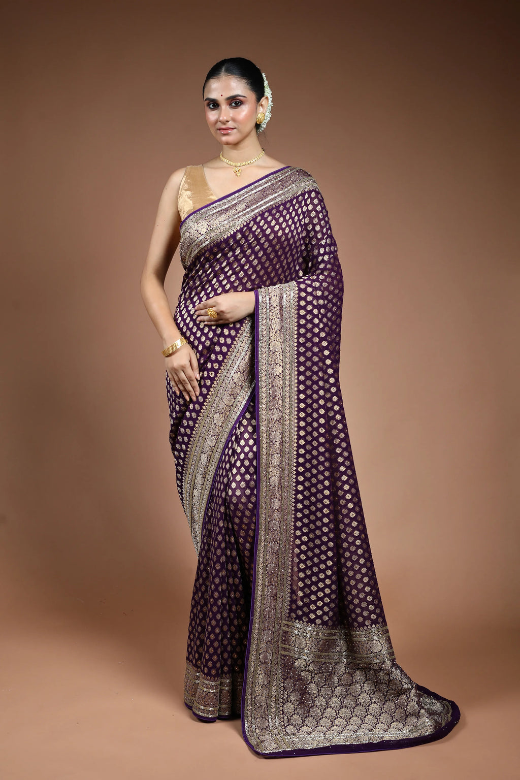 Purple Georgette Khaddi Saree with Blouse Piece