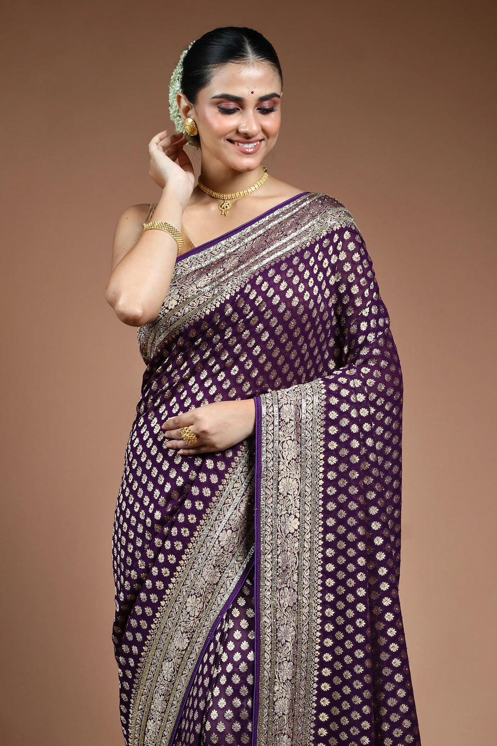 Purple Georgette Khaddi Saree with Blouse Piece