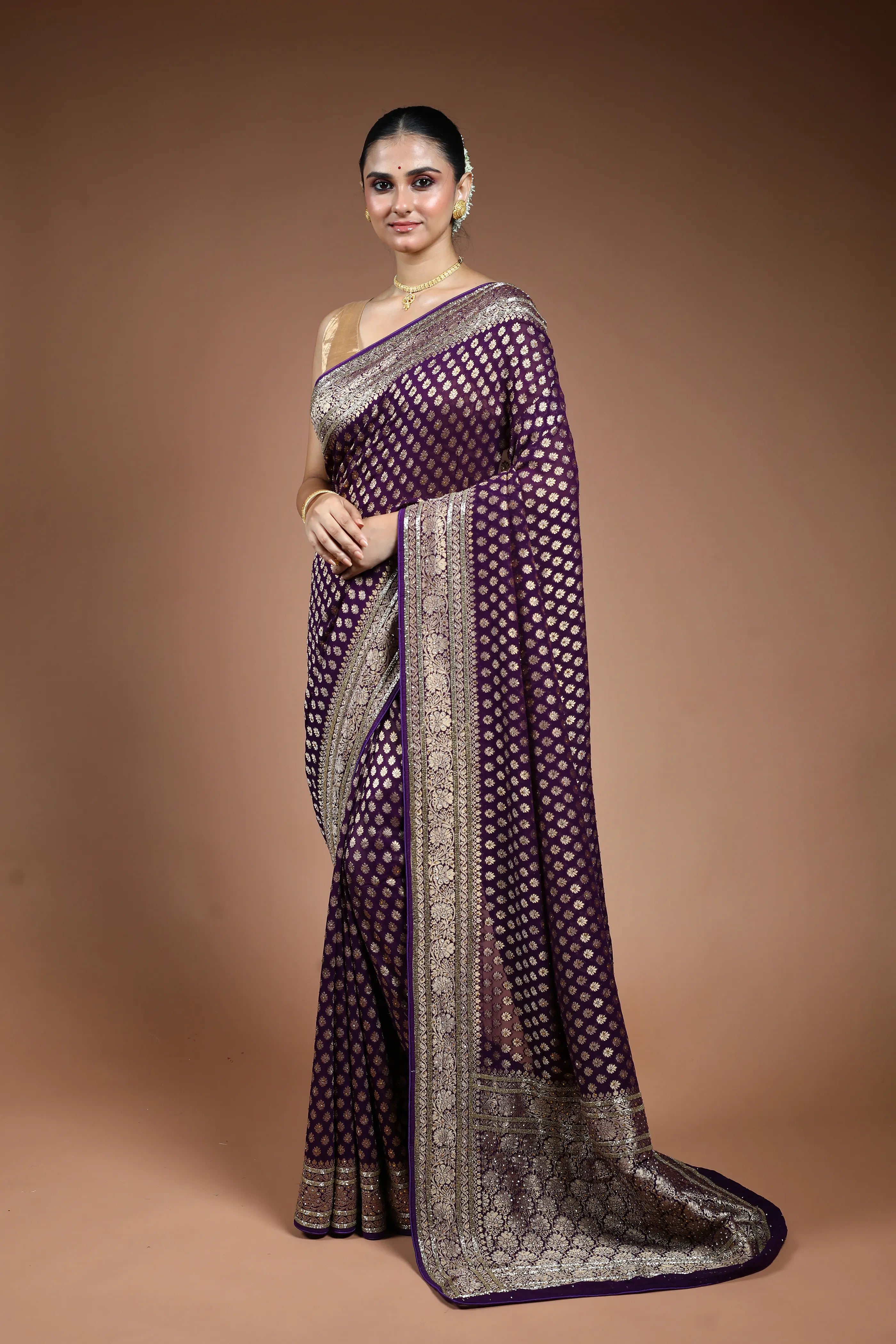 Purple Georgette Khaddi Saree with Blouse Piece