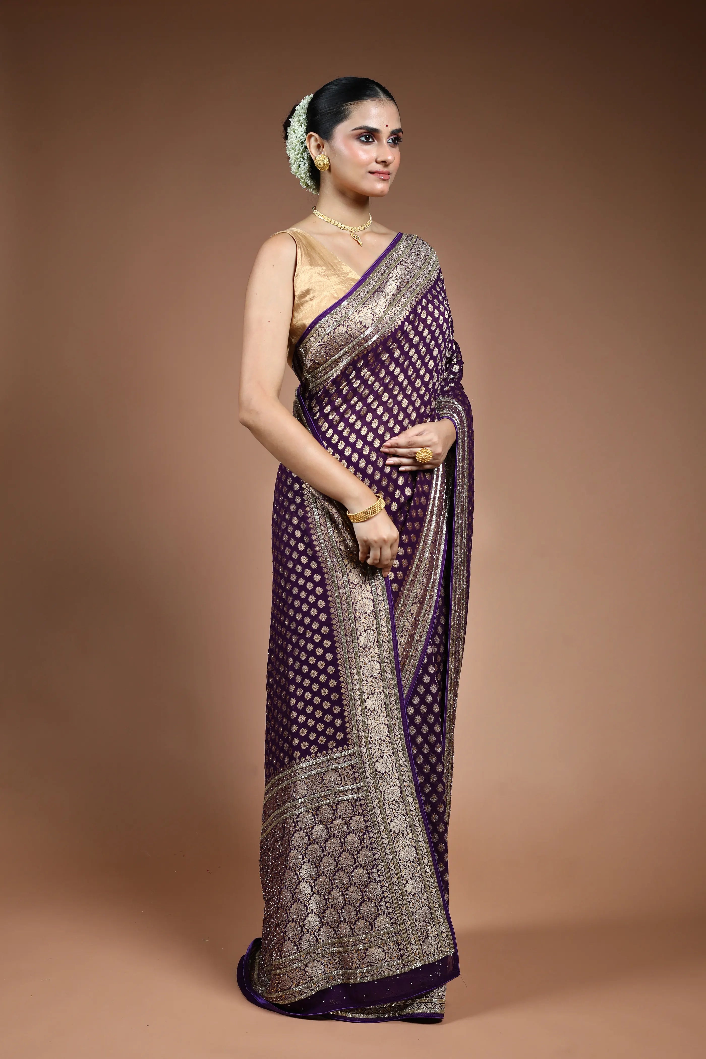 Purple Georgette Khaddi Saree with Blouse Piece
