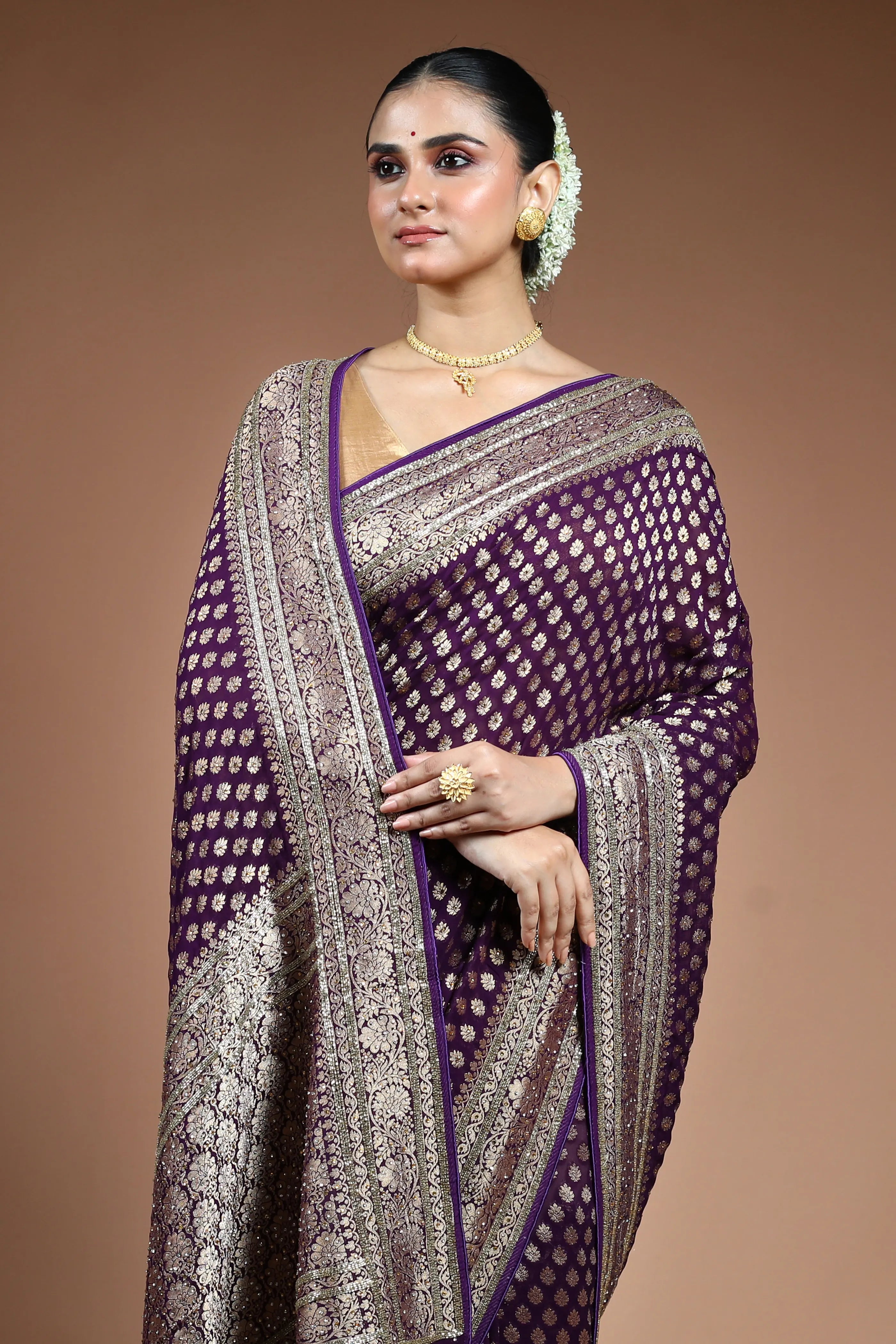 Purple Georgette Khaddi Saree with Blouse Piece