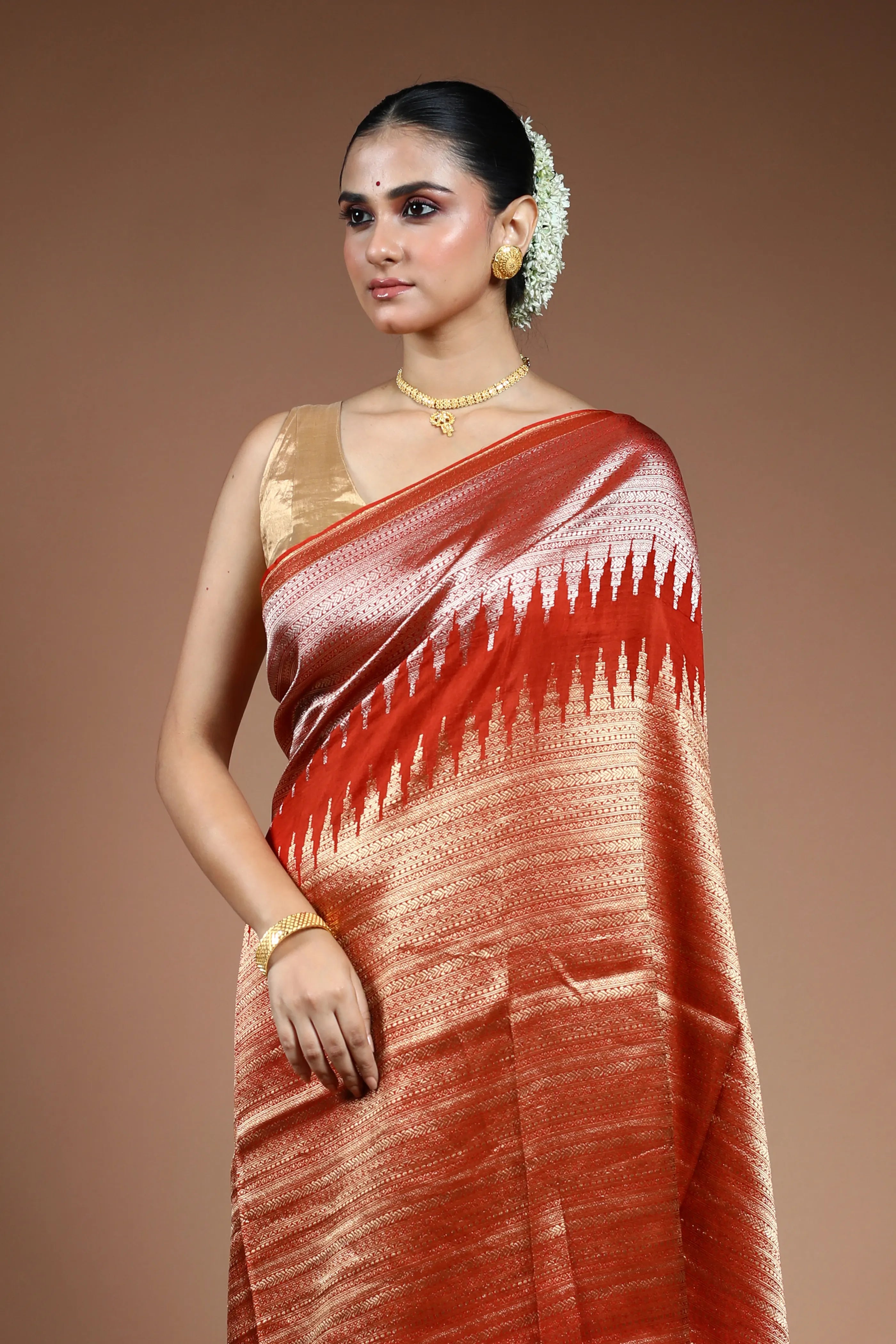 Rust Orange Blended Mashru Saree with Blouse Piece