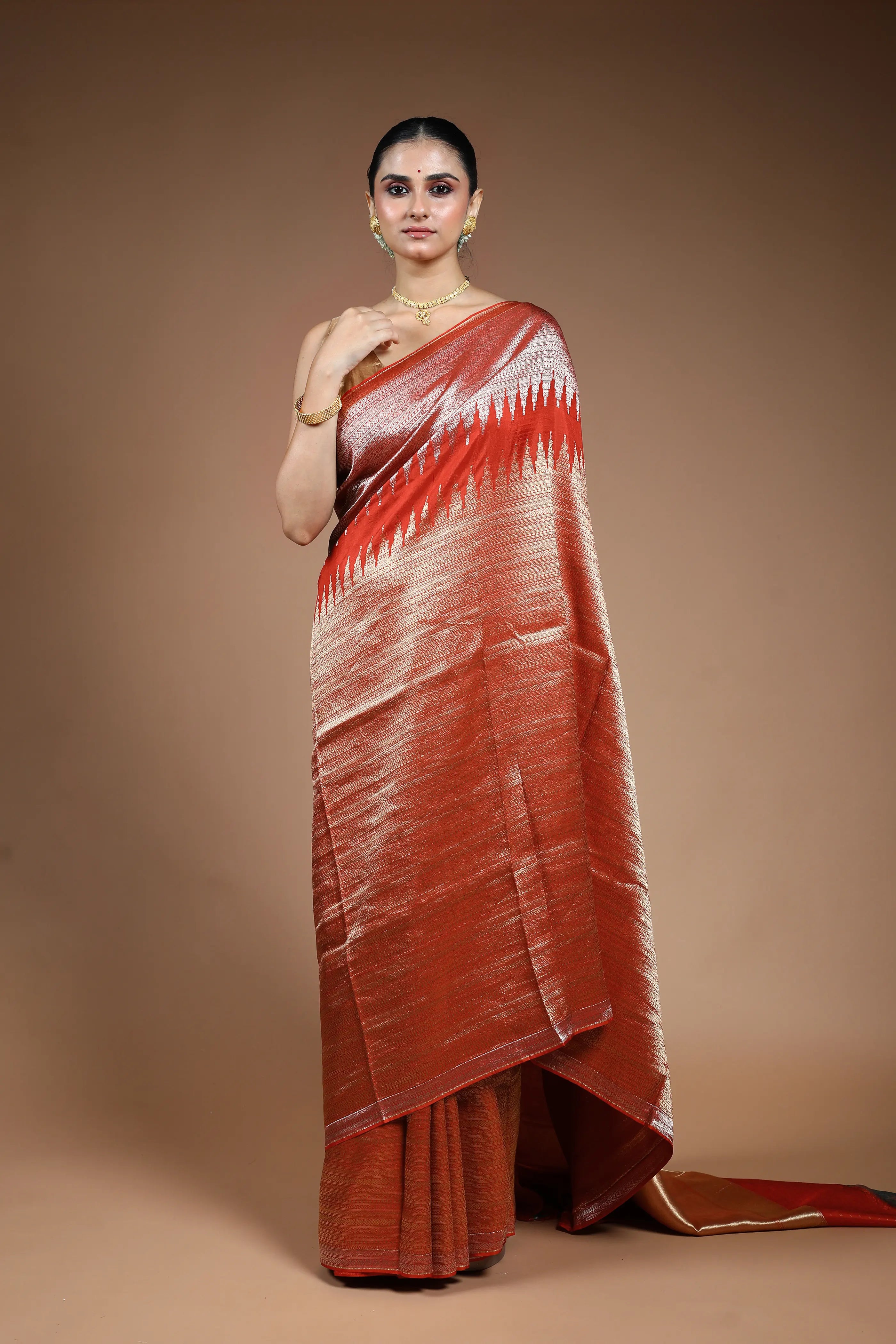 Rust Orange Blended Mashru Saree with Blouse Piece