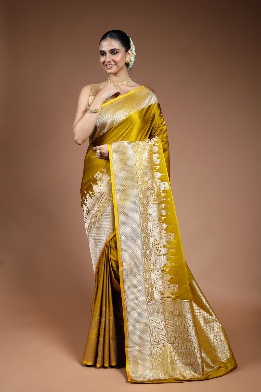 Mustard Ghat Katan Banarasi Saree with Blouse Piece