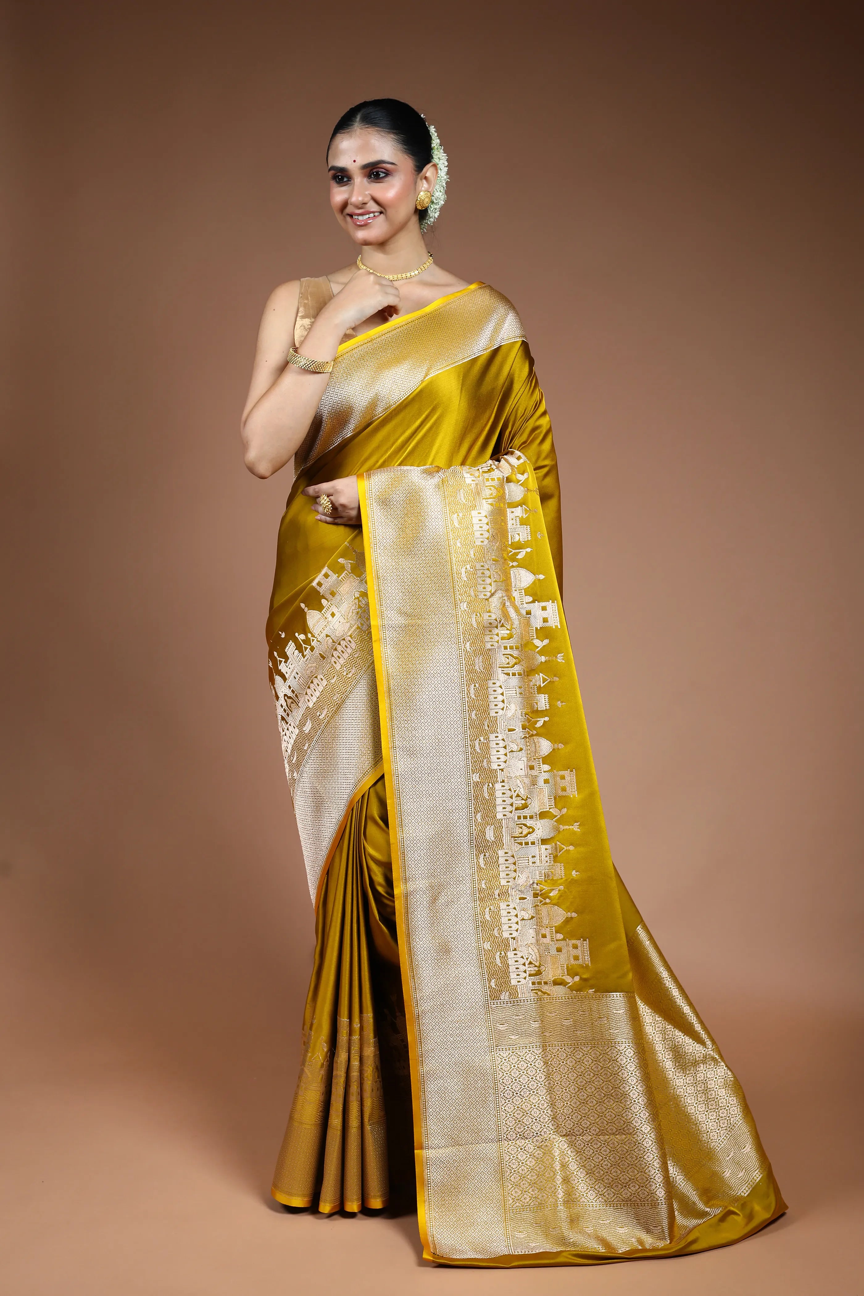 Mustard Ghat Katan Banarasi Saree with Blouse Piece