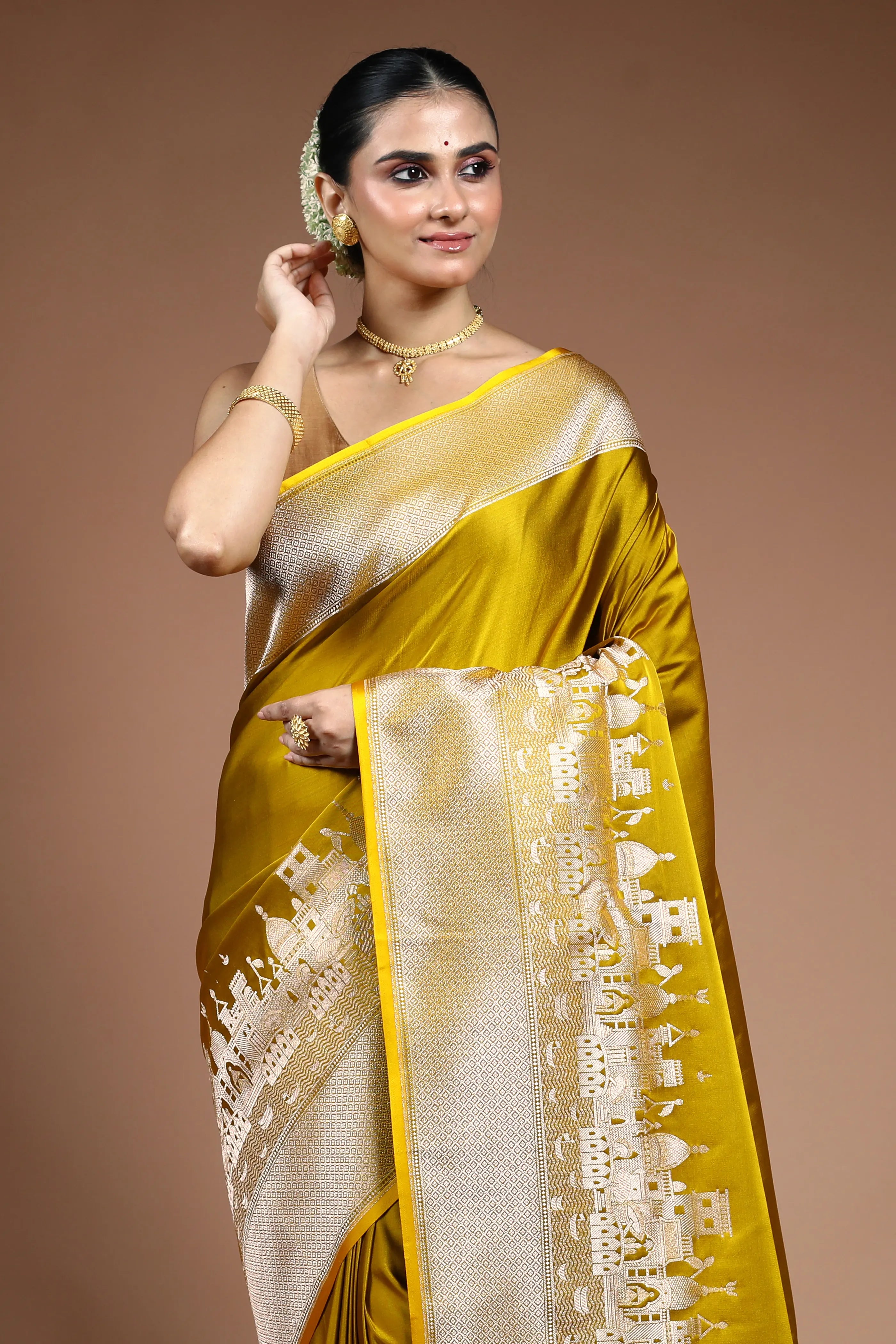 Mustard Ghat Katan Banarasi Saree with Blouse Piece