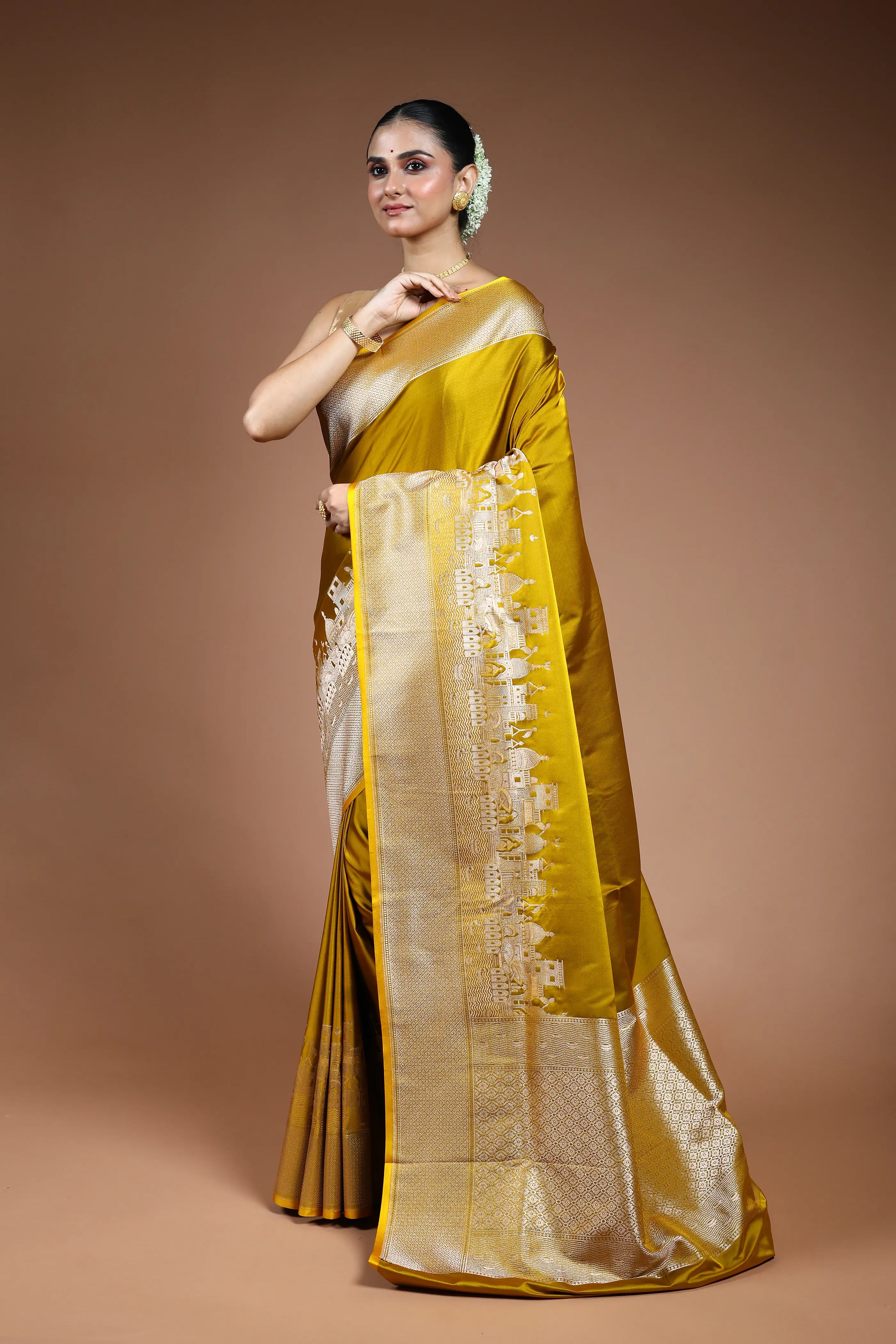Mustard Ghat Katan Banarasi Saree with Blouse Piece