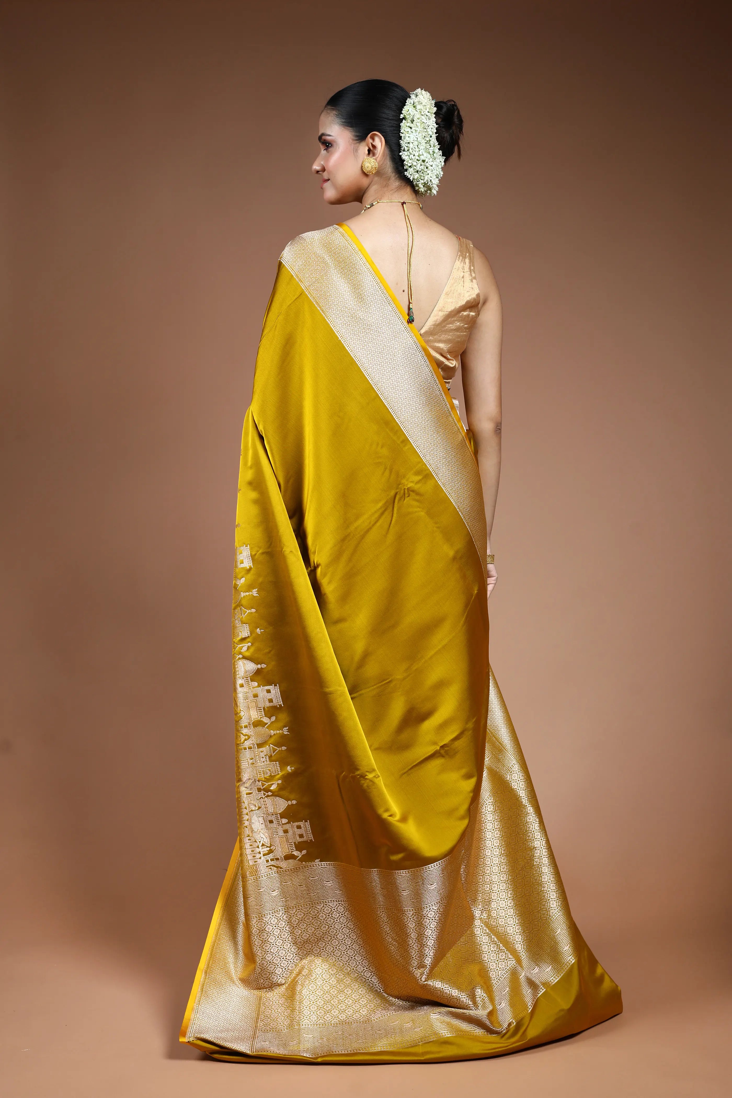 Mustard Ghat Katan Banarasi Saree with Blouse Piece